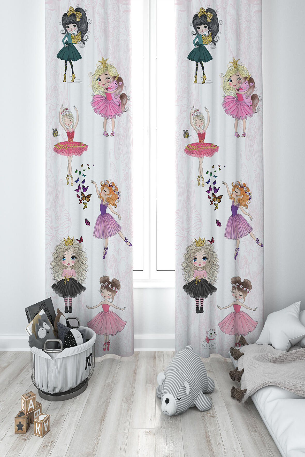 MEKTA HOME BEBEK VE ÇOCUK ODASI Balerin Kız ve Kedi Desenli Motifli 2 Kanat Fon Perde