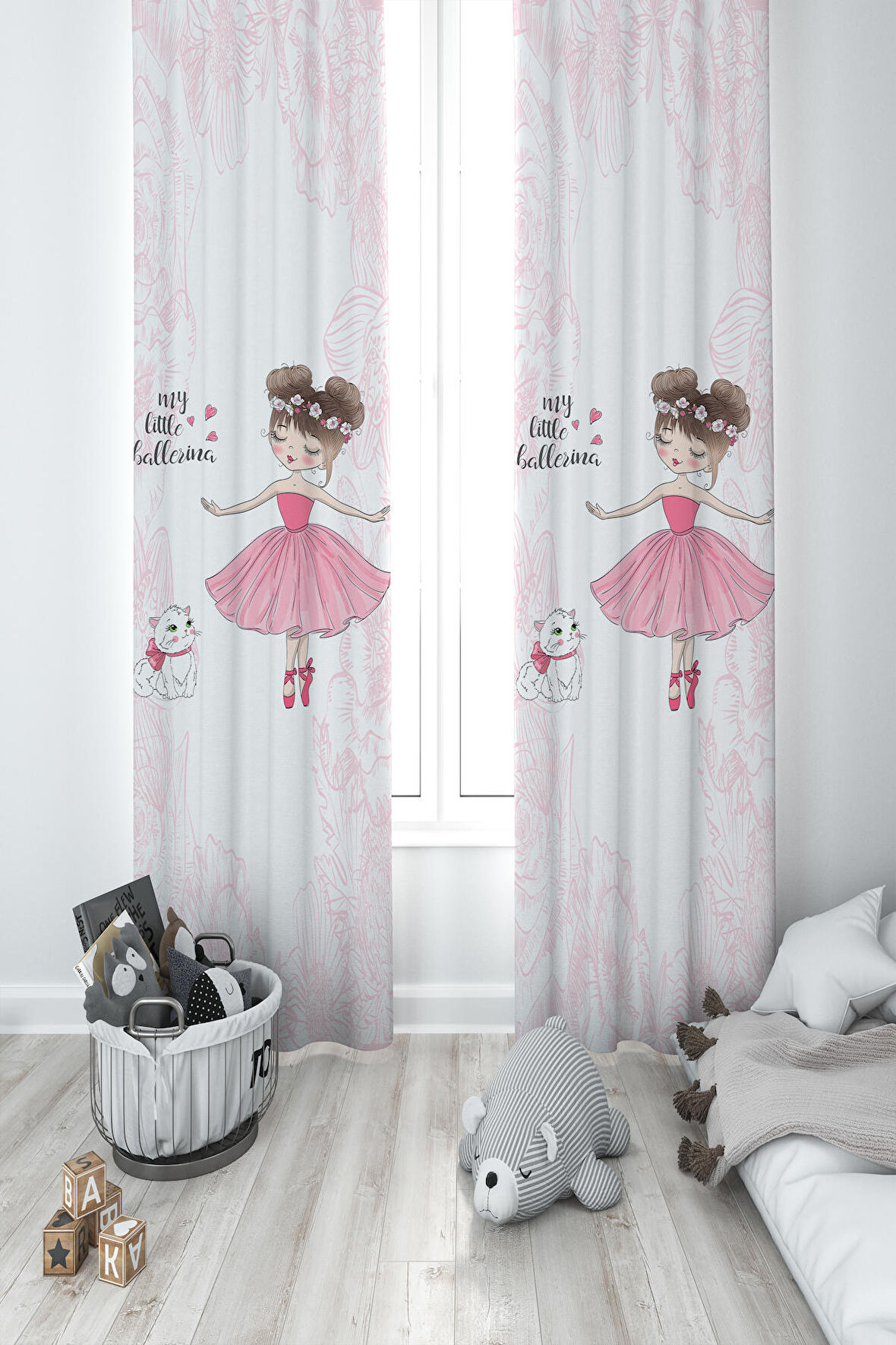 MEKTA HOME BEBEK VE ÇOCUK ODASI Balerin Kız ve Kedi Desenli Motifli 2 Kanat Fon Perde
