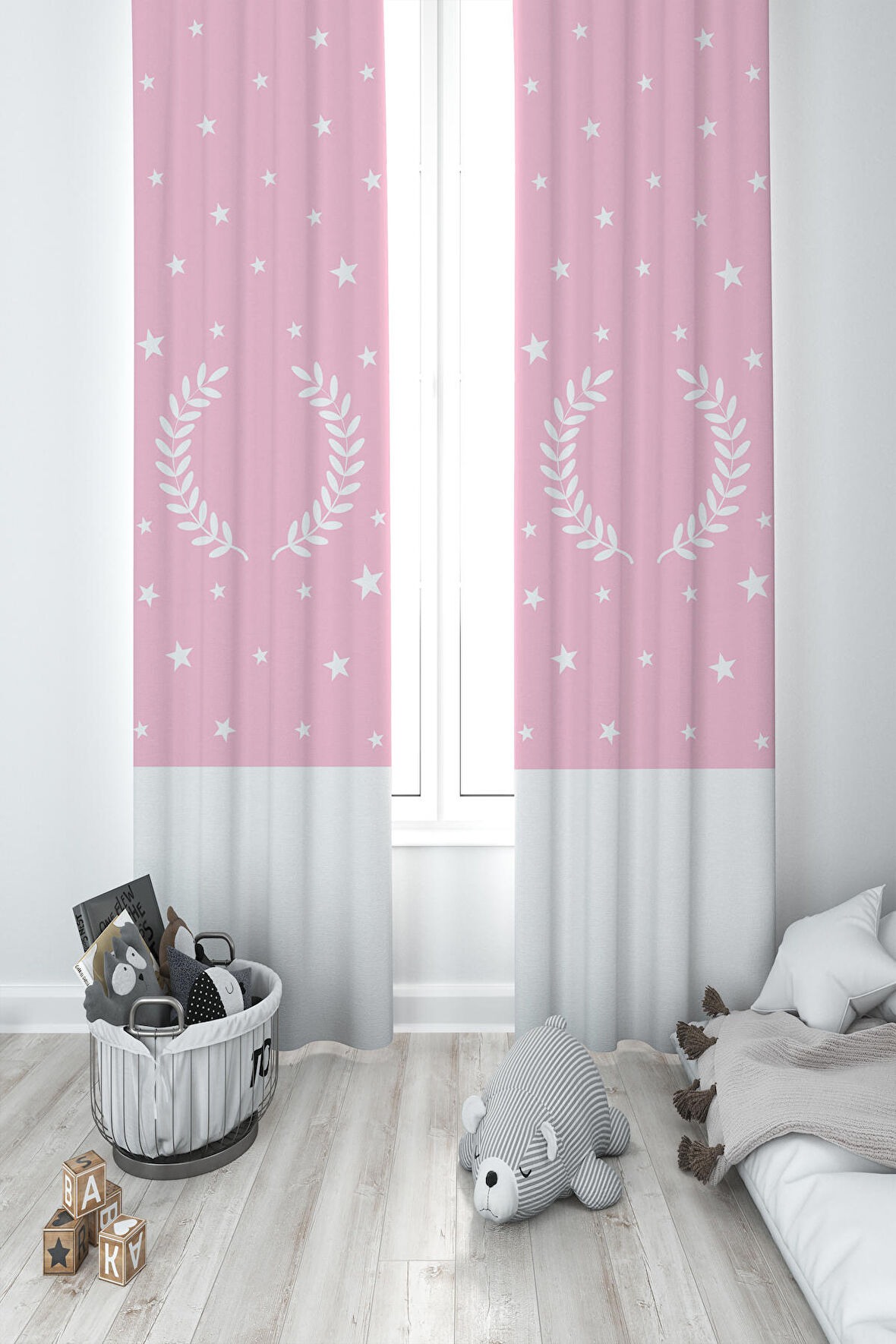 MEKTA HOME BEBEK VE ÇOCUK ODASI Çelenk ve Yıldız Desenli Çerçeveli 2 Kanat Fon Perde
