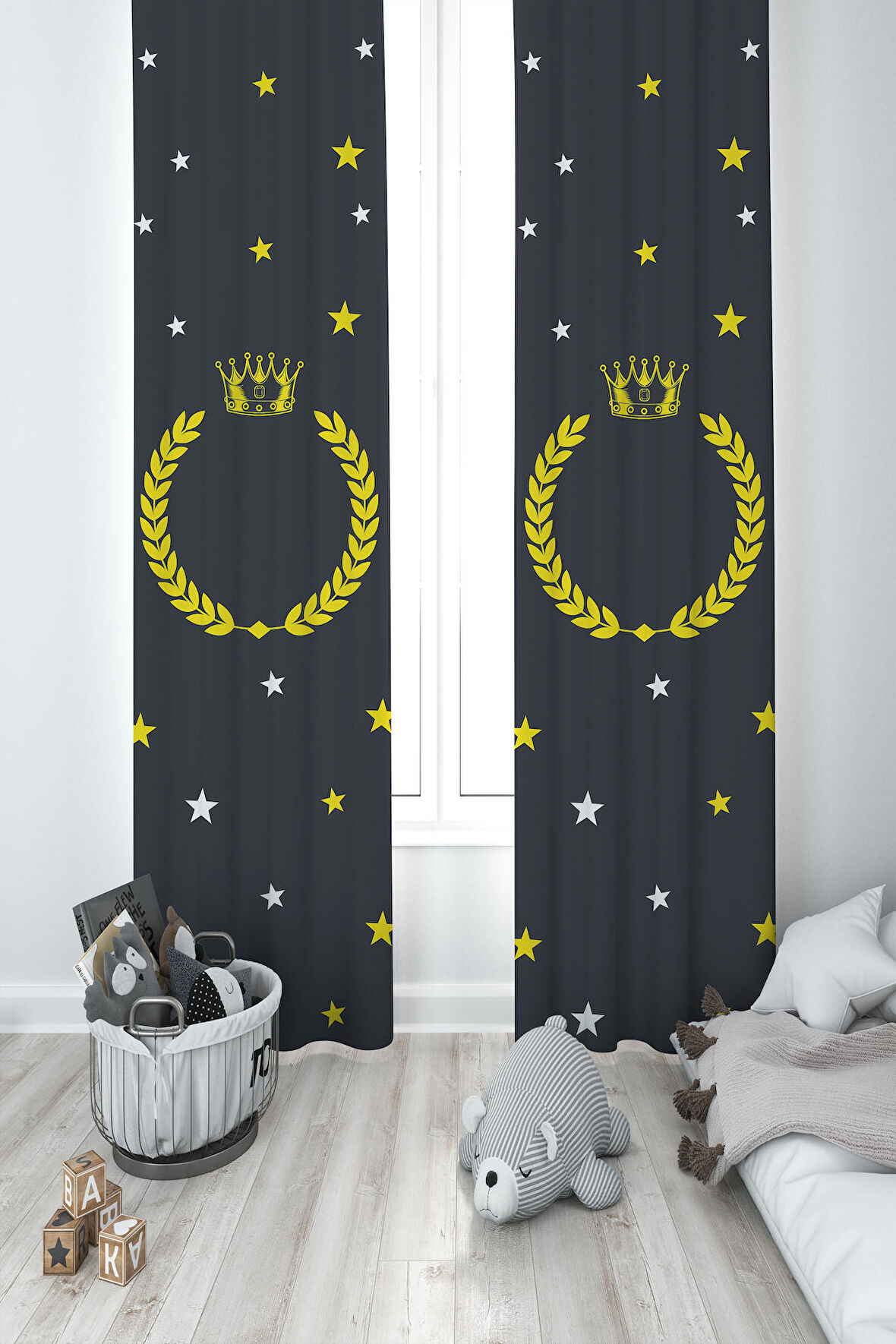 MEKTA HOME BEBEK VE ÇOCUK ODASI Yol ve Seksek Desenli Antrasit 2 Kanat Fon Perde