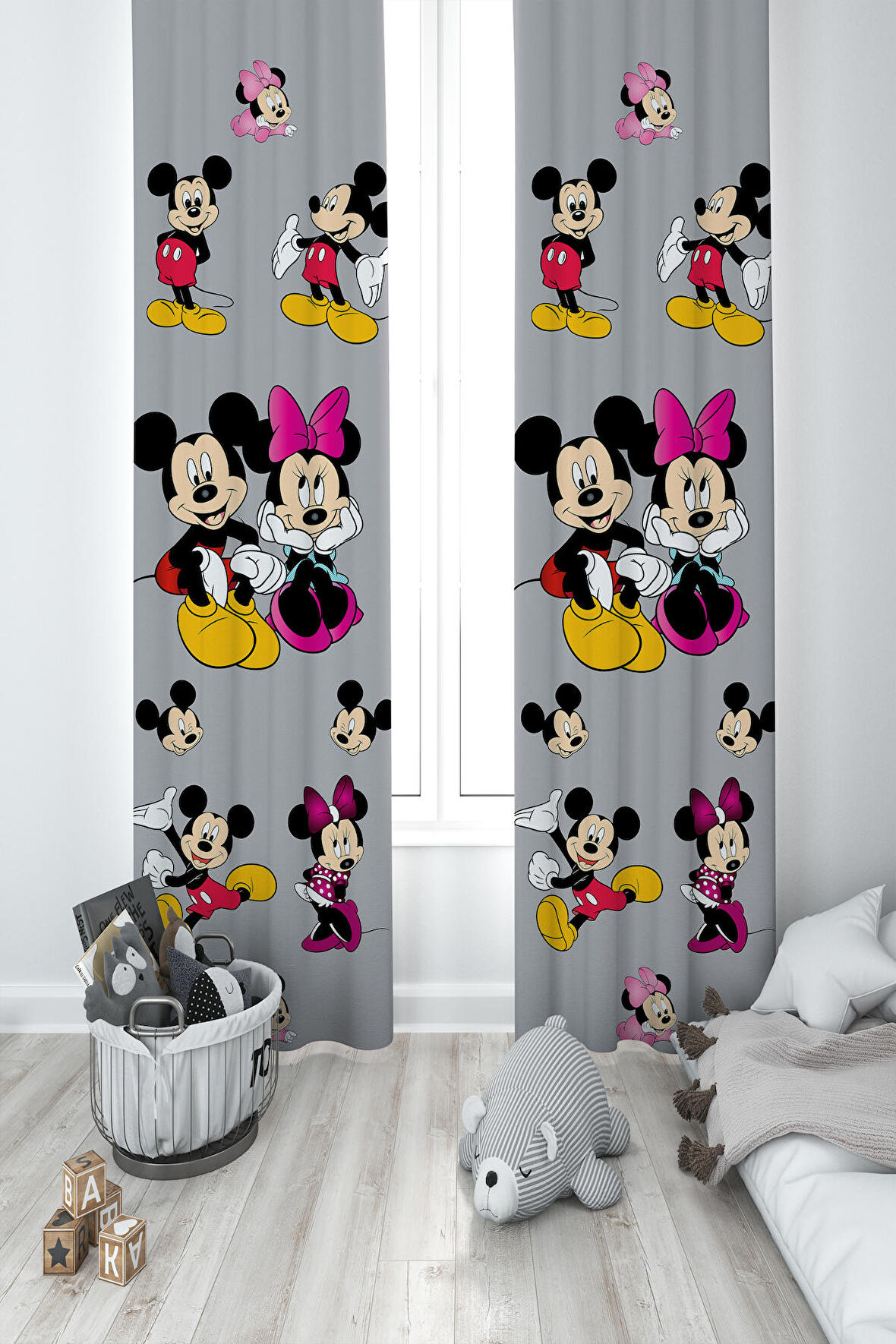 MEKTA HOME BEBEK VE ÇOCUK ODASI Mickey ve Minnie Mause Desenli Seksekli 2 Kanat Fon Perde 
