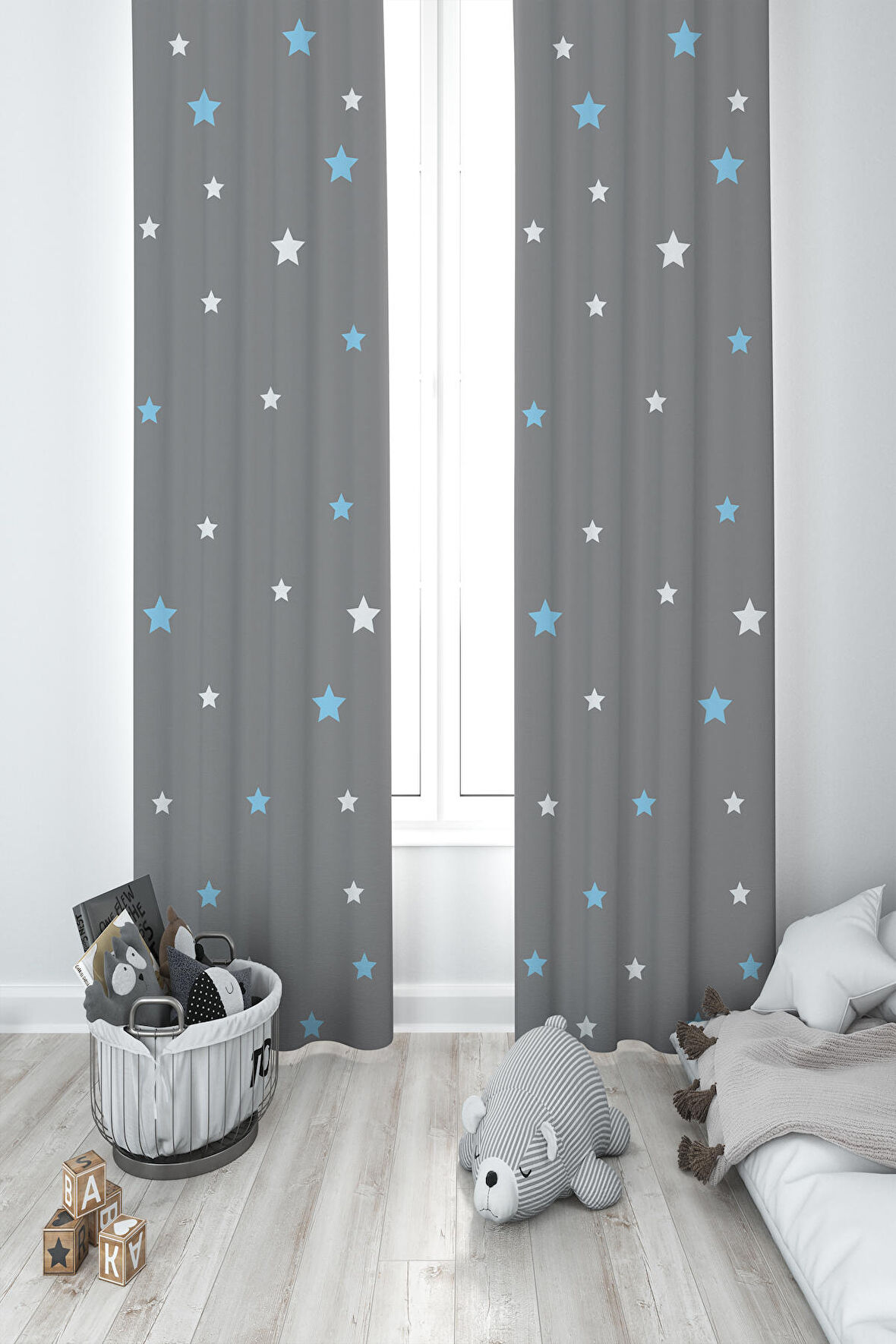 MEKTA HOME BEBEK VE ÇOCUK ODASI Mavi ve Beyaz Yıldız Desenli Çerçeveli 2 Kanat Fon Perde
