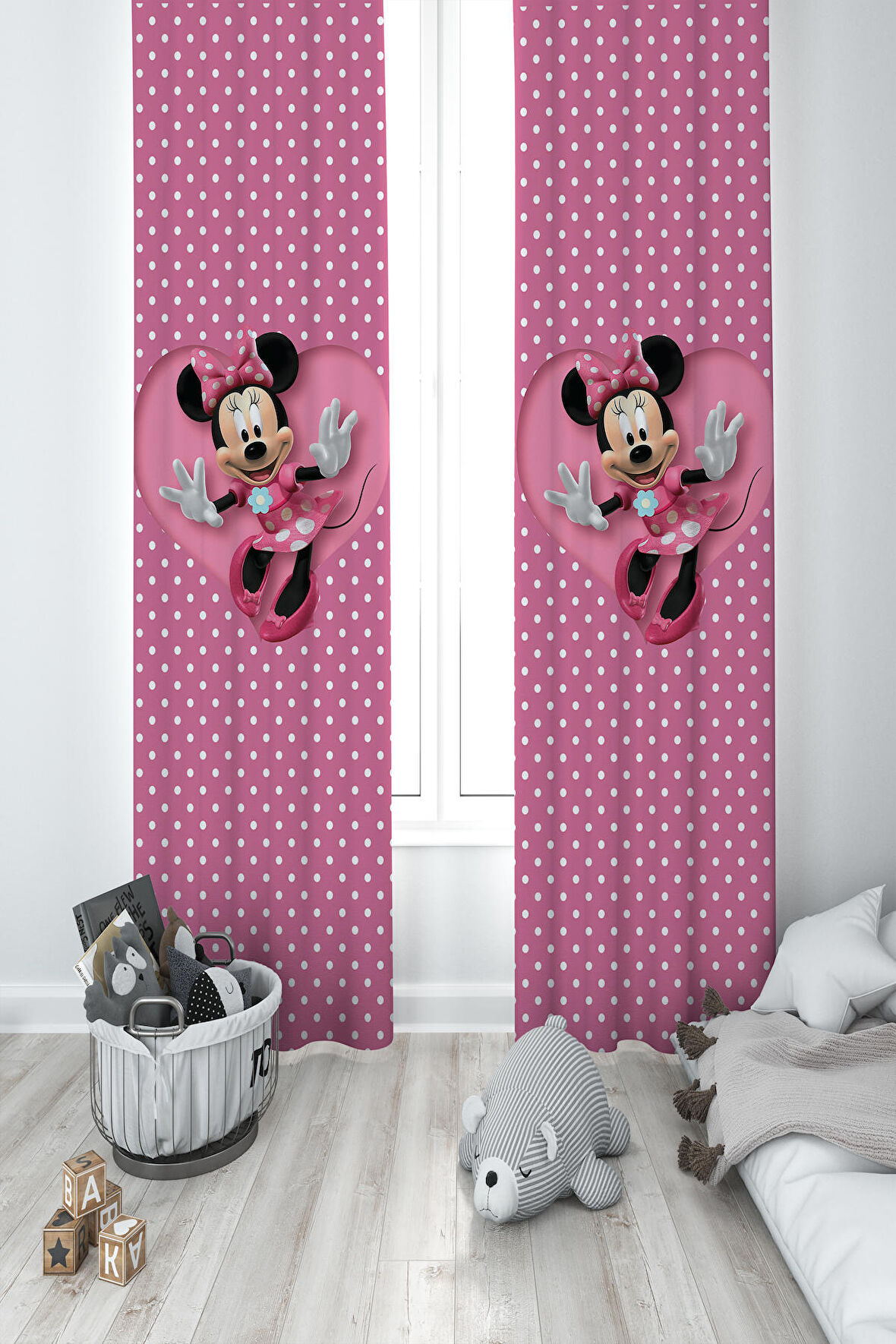 MEKTA HOME BEBEK VE ÇOCUK ODASI Büyük Kalpli Minnie Mause Desenli 2 Kanat Fon Perde