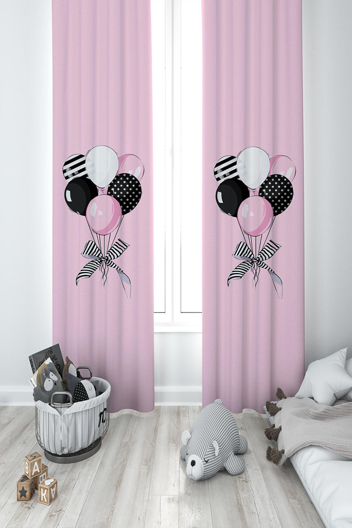 MEKTA HOME BEBEK VE ÇOCUK ODASI Kurdeleli Balonlar Desenli 2 Kanat Fon Perde