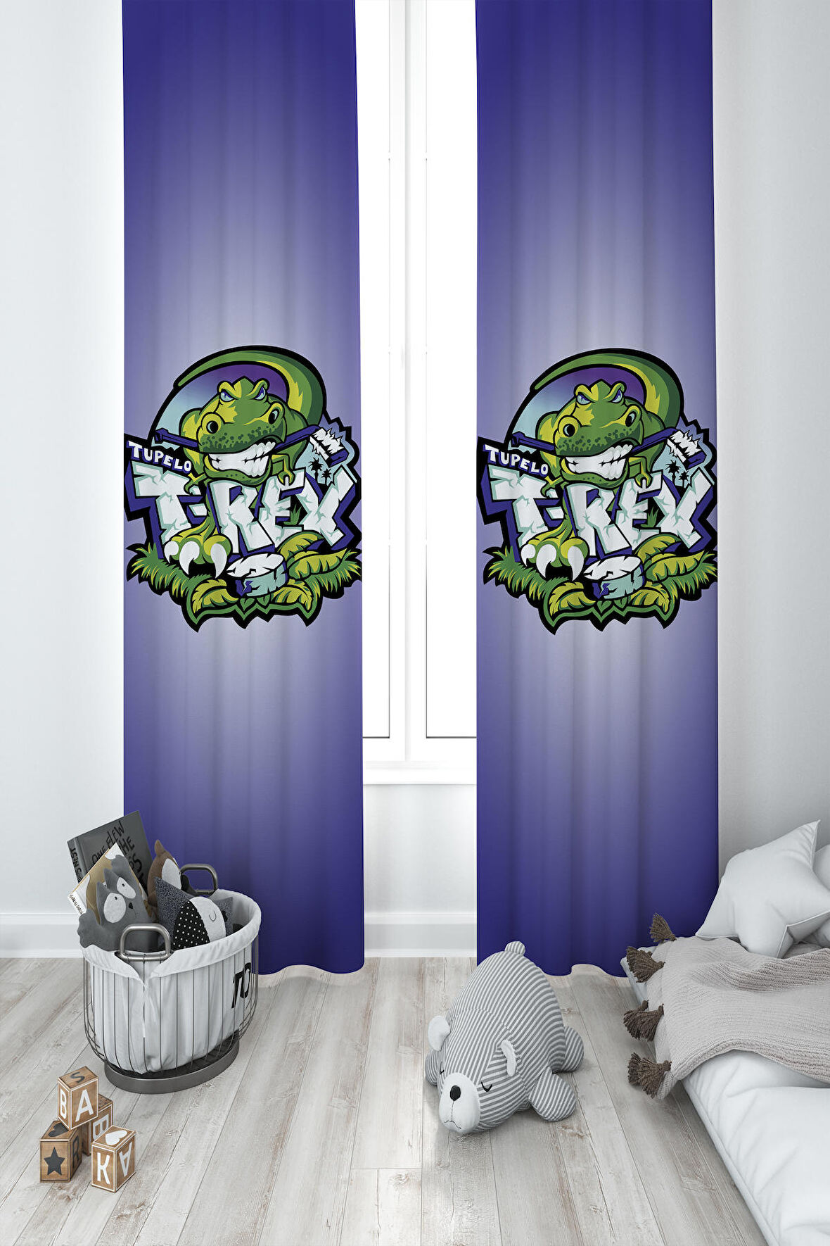 MEKTA HOME BEBEK VE ÇOCUK ODASI T-Rex Desenli 2 Kanat Fon Perde