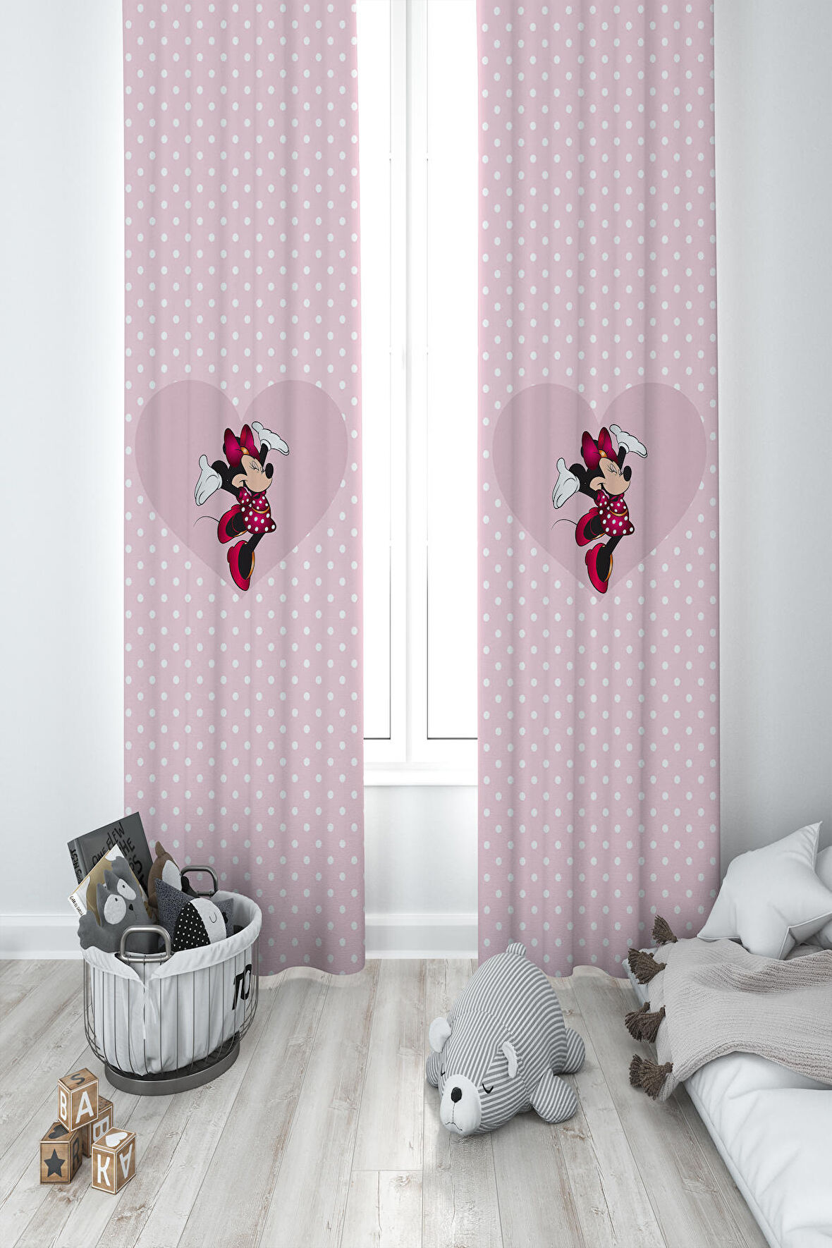 MEKTA HOME BEBEK VE ÇOCUK ODASI Büyük Kalpli Minnie Mause ve Puantiyeli 2 Kanat Fon Perde