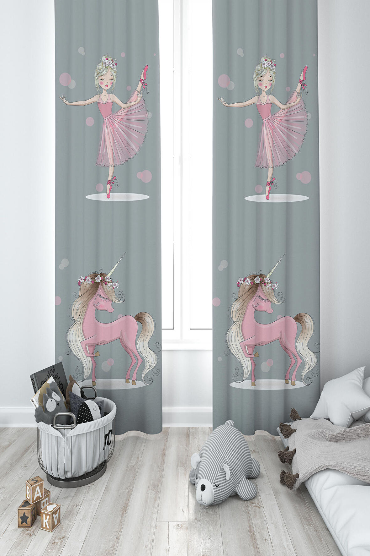 MEKTA HOME BEBEK VE ÇOCUK ODASI Pembe Unicorn ve Kız Desenli 2 Kanat Fon Perde