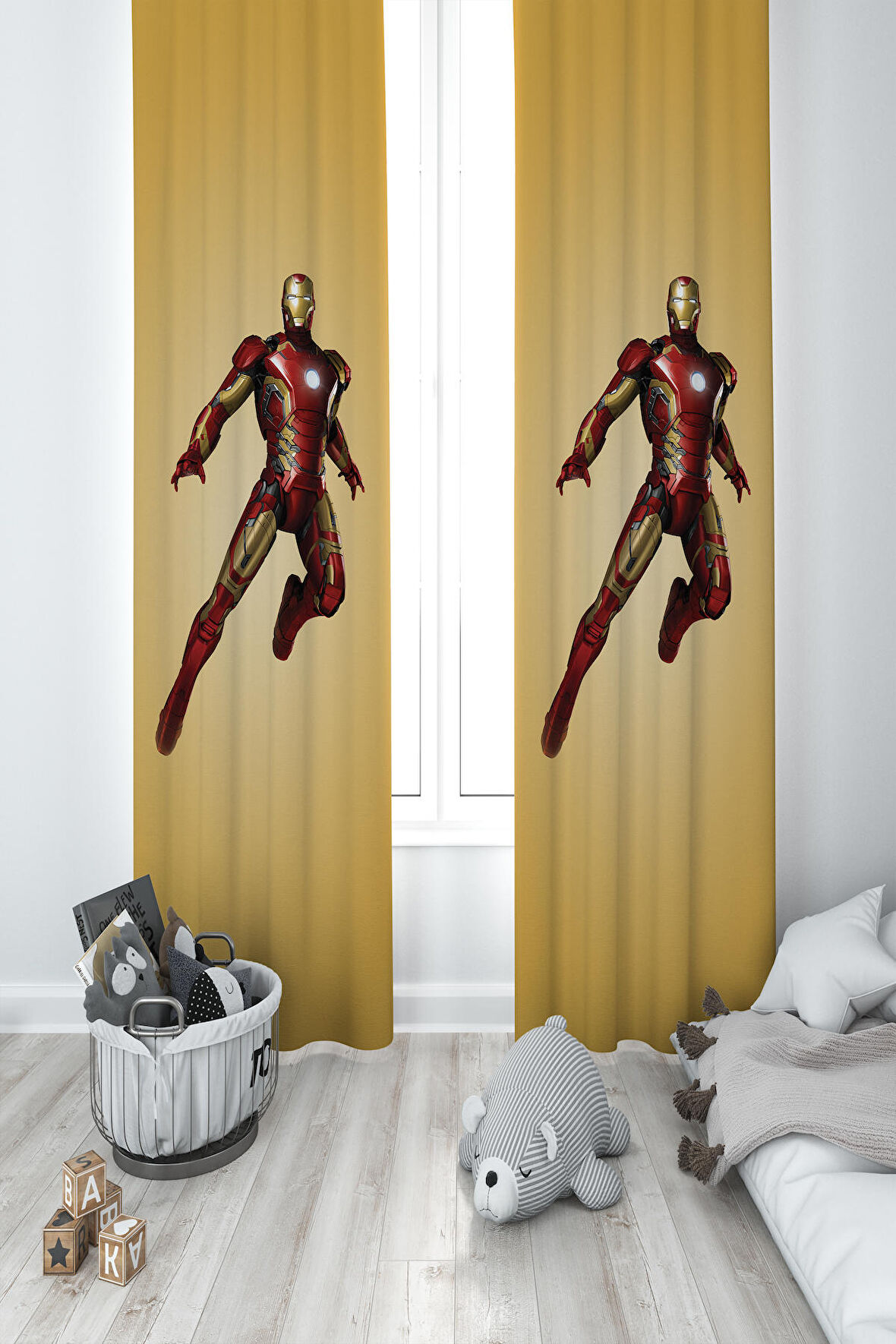 MEKTA HOME BEBEK VE ÇOCUK ODASI Iron Man Desenli 2 Kanat Fon Perde