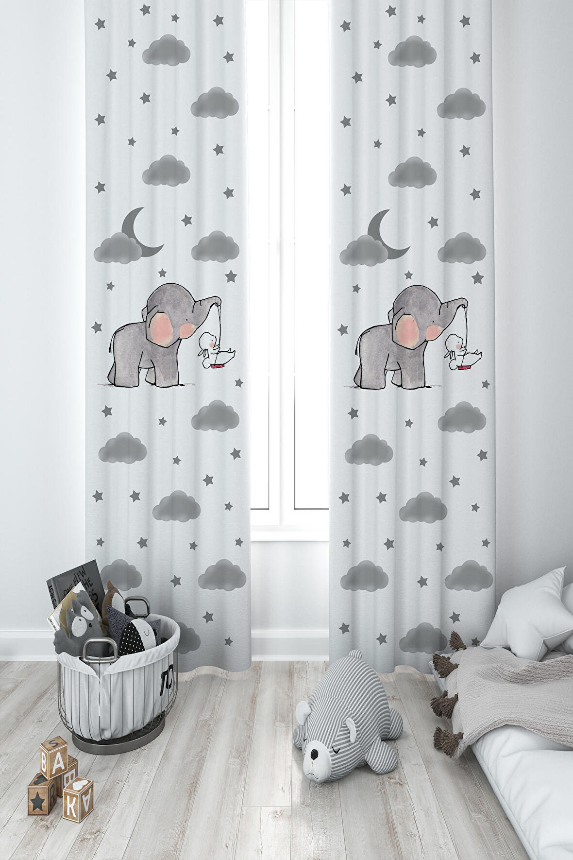 MEKTA HOME BEBEK VE ÇOCUK ODASI Tavşan Taşıyan Fil Desenli 2 Kanat Fon Perde 