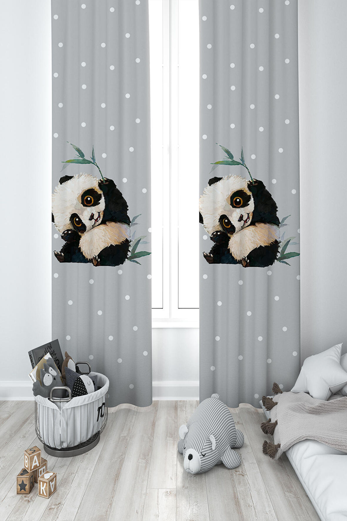 MEKTA HOME BEBEK VE ÇOCUK ODASI Sevimli Panda Desenli 2 Kanat Fon Perde