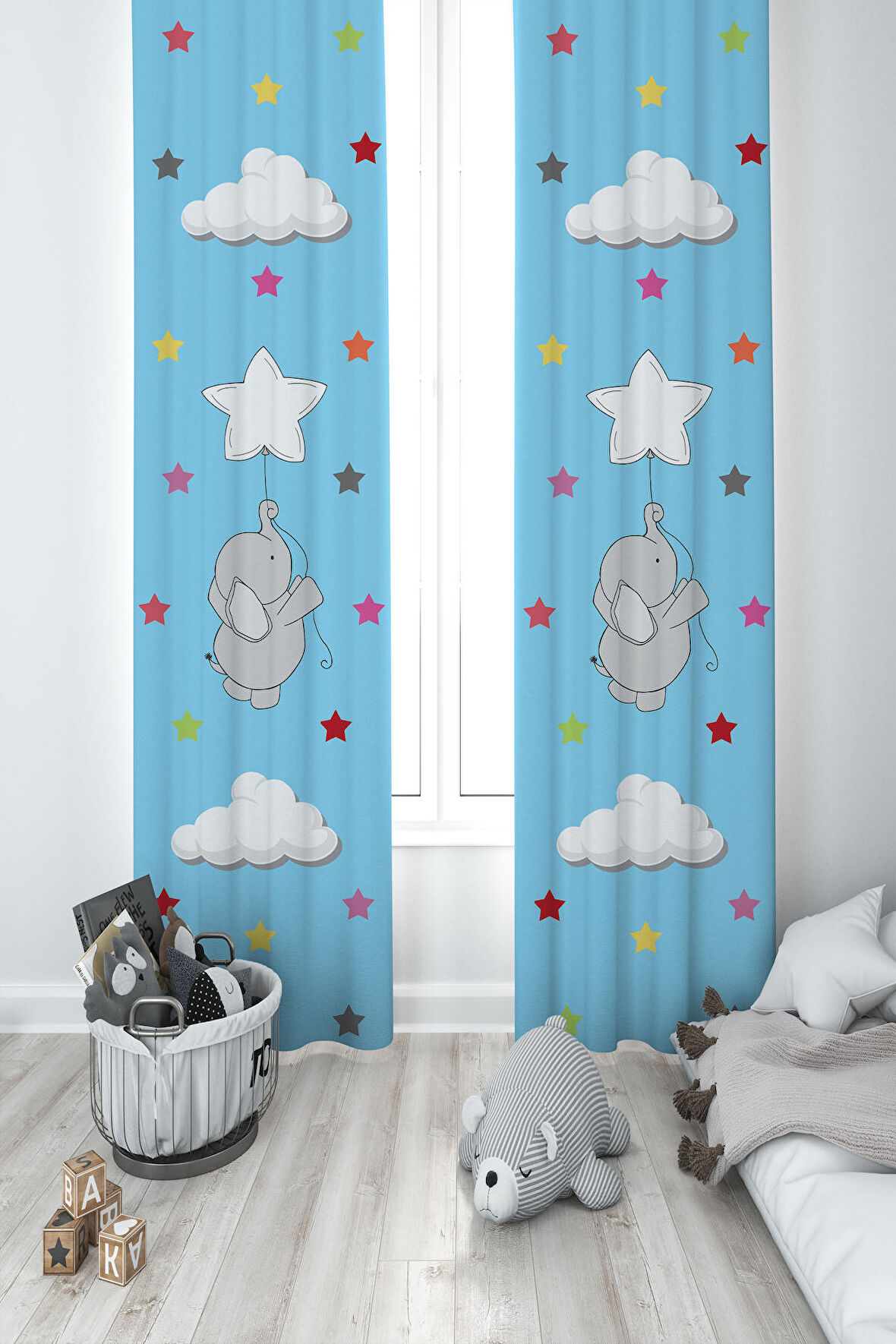 MEKTA HOME BEBEK VE ÇOCUK ODASI Seksekli Uçan Fil Desenli Mavi 2 Kanat Fon Perde