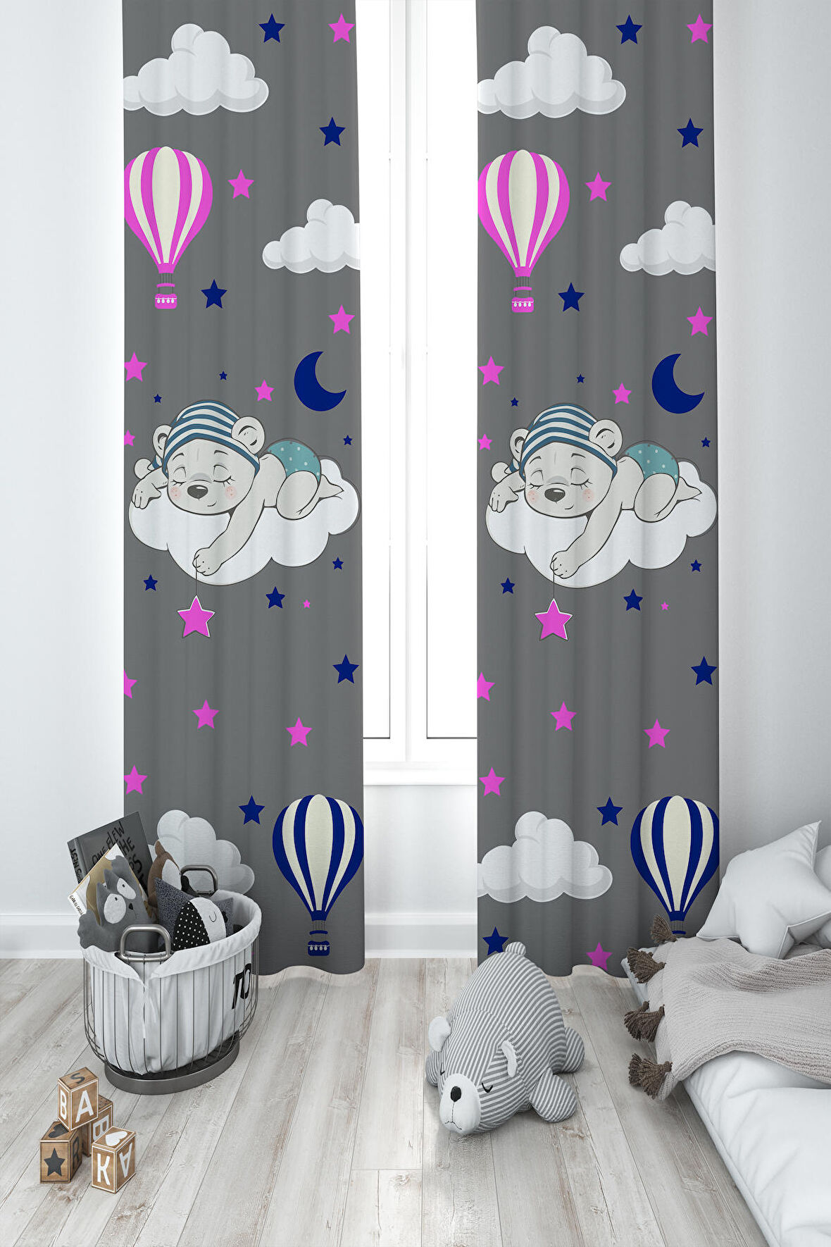 MEKTA HOME BEBEK VE ÇOCUK ODASI Bulut Üzerinde Uyuyan Sevimli Ayı Desenli Gri 2 Kanat Fon Perde