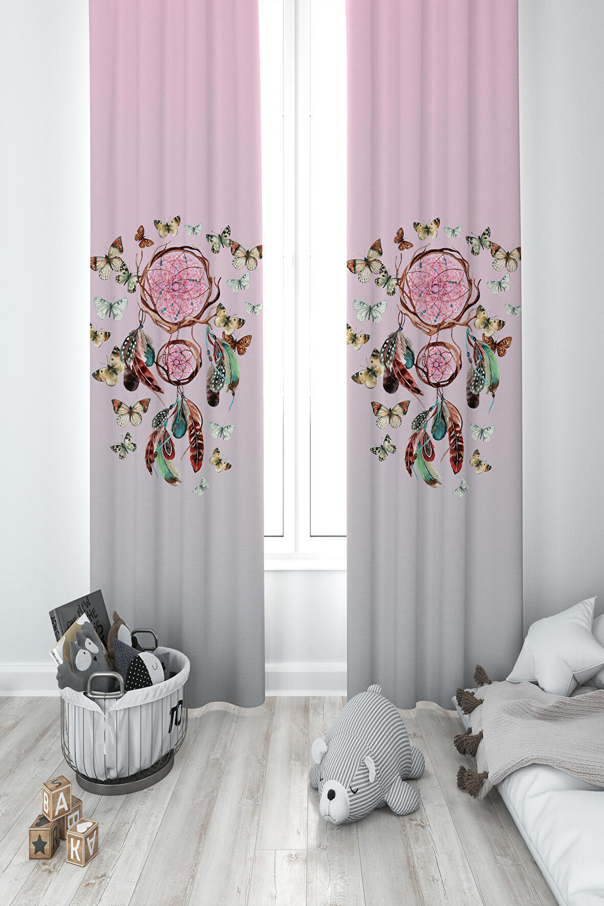 MEKTA HOME BEBEK VE ÇOCUK ODASI Kelebek Desenli Pembe 2 Kanat Fon Perde