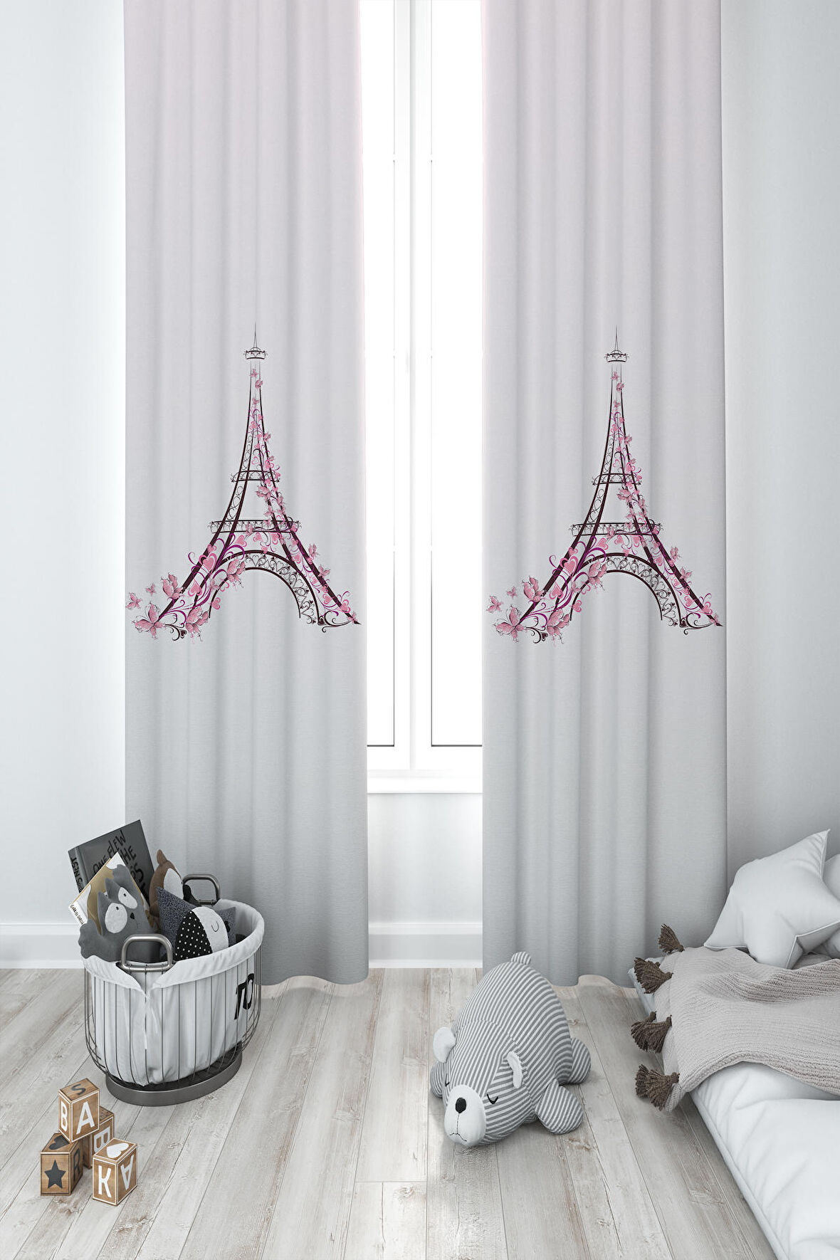 MEKTA HOME BEBEK VE ÇOCUK ODASI Eyfel Kulesi Desenli 2 Kanat Fon Perde