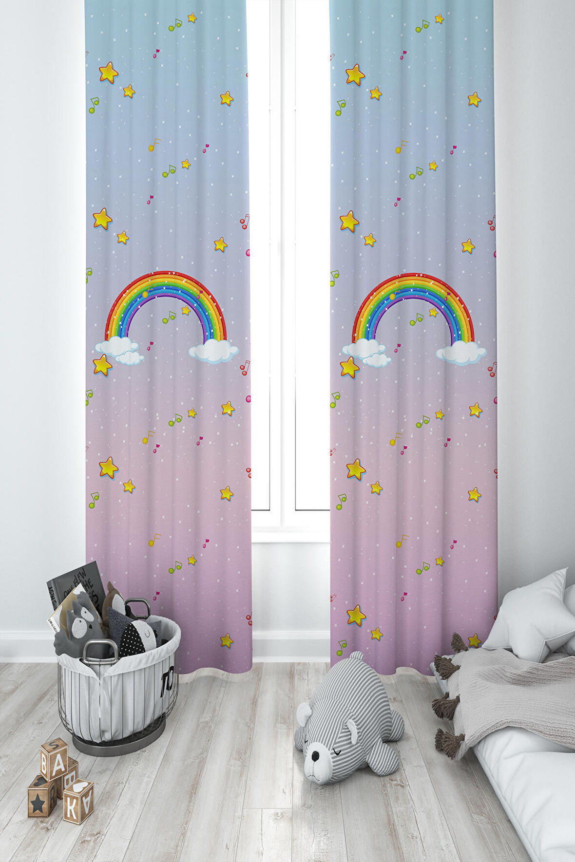 MEKTA HOME BEBEK VE ÇOCUK ODASI Seksek ve Gökkuşağı Desenli 2 Kanat Fon Perde