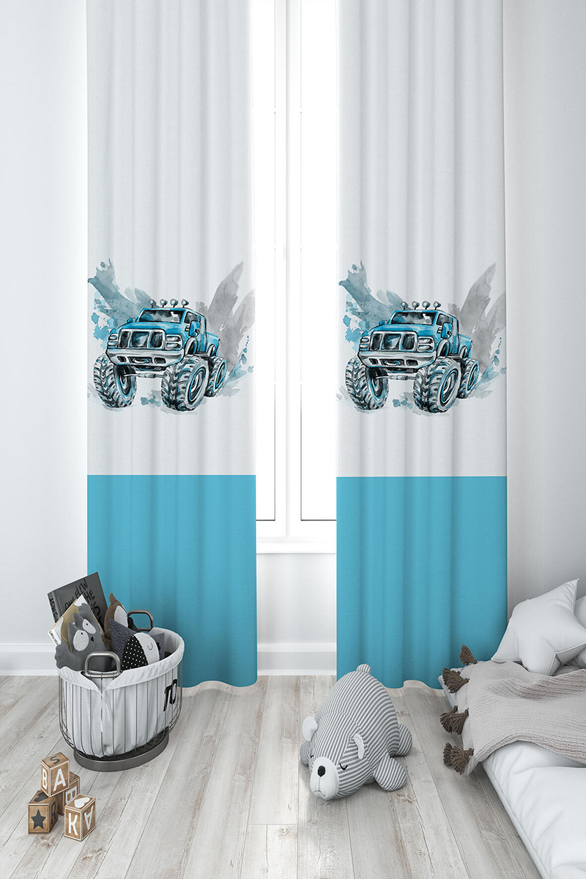MEKTA HOME BEBEK VE ÇOCUK ODASI Jeep Desenli 2 Kanat Fon Perde