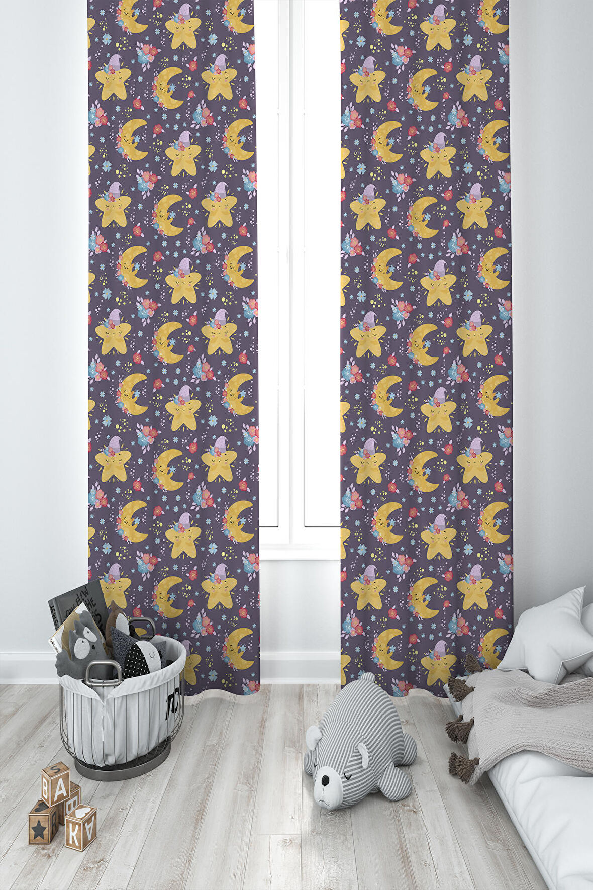 MEKTA HOME BEBEK VE ÇOCUK ODASI Şapkalı Yıldız ve Ay Desenli 2 Kanat Fon Perde