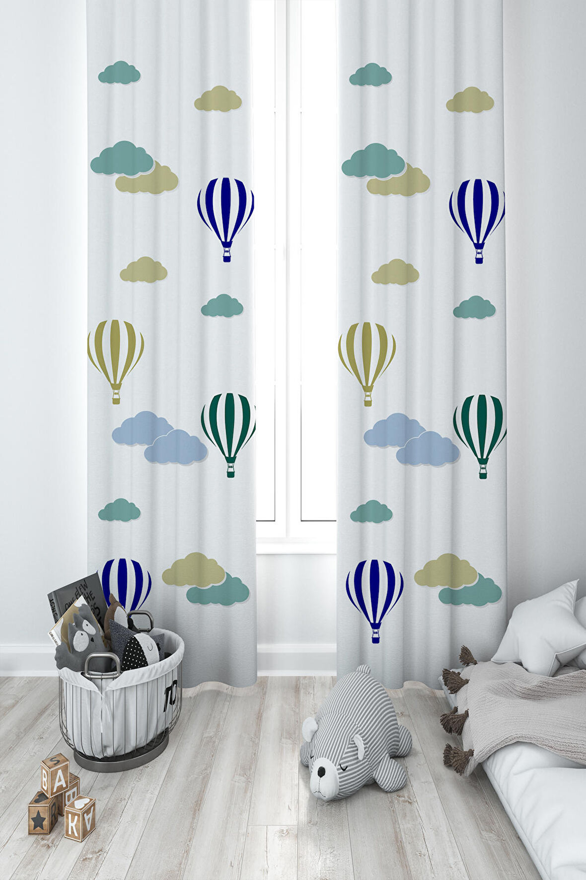 MEKTA HOME BEBEK VE ÇOCUK ODASI Renkli Bulut ve Uçan Balon Desenli 2 Kanat Fon Perde