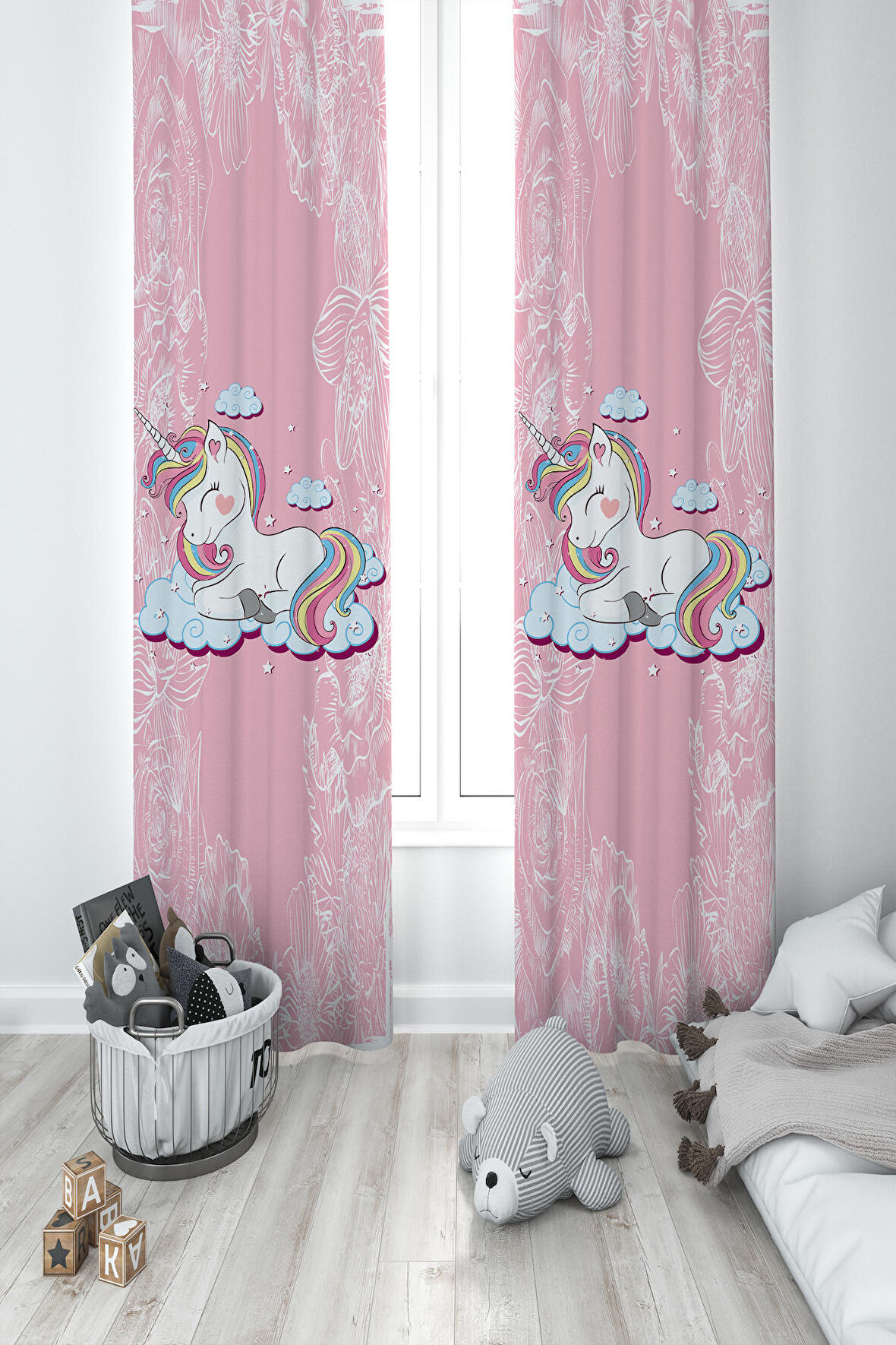 MEKTA HOME BEBEK VE ÇOCUK ODASI Unicorn ve Seksek Desenli 2 Kanat Fon Perde