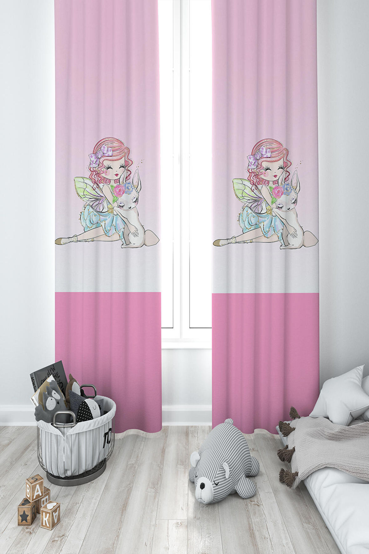 MEKTA HOME BEBEK VE ÇOCUK ODASI Prenses Kız ve Tatlı Kedi Desenli 2 Kanat Fon Perde