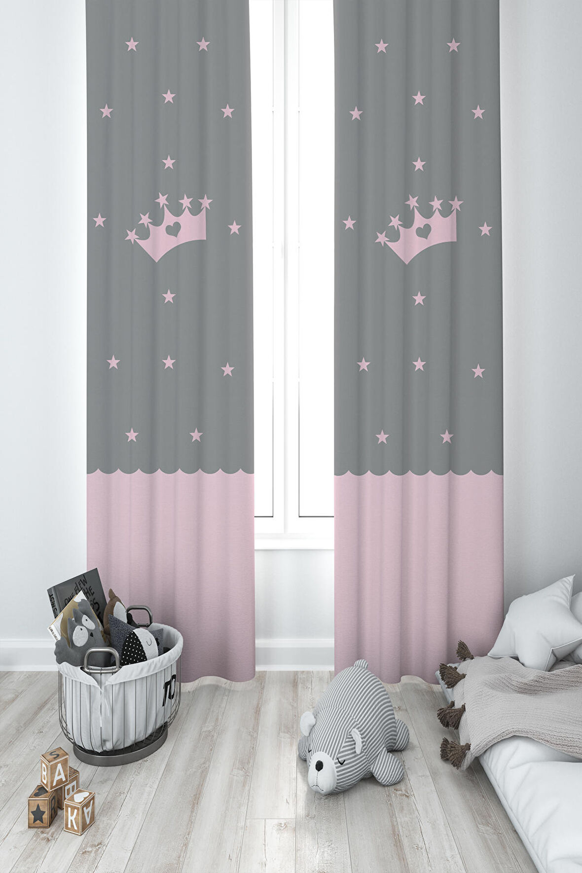 MEKTA HOME BEBEK VE ÇOCUK ODASI Taç Yıldız Desenli Çerçeveli 2 Kanat Fon Perde