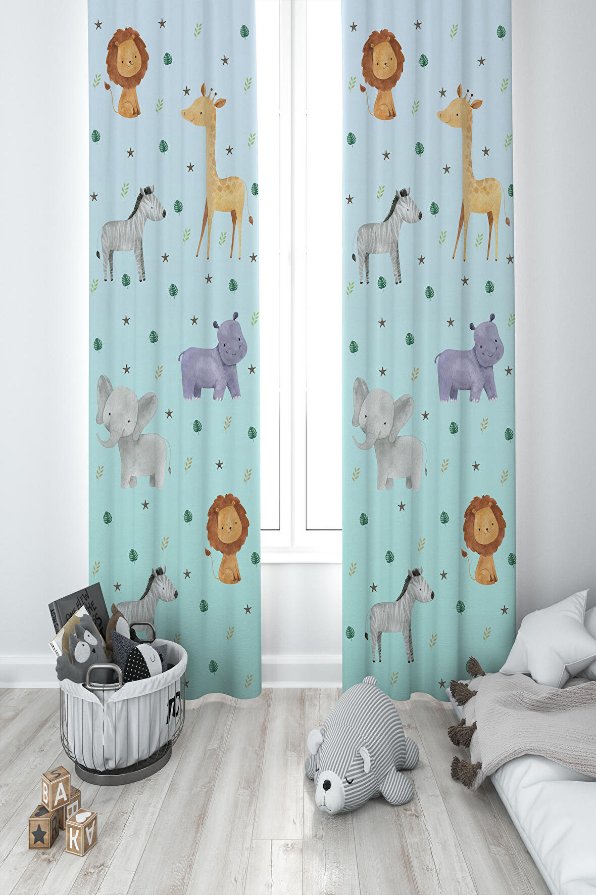 MEKTA HOME BEBEK VE ÇOCUK ODASI Safari Desenli Mavi 2 Kanat Fon Perde
