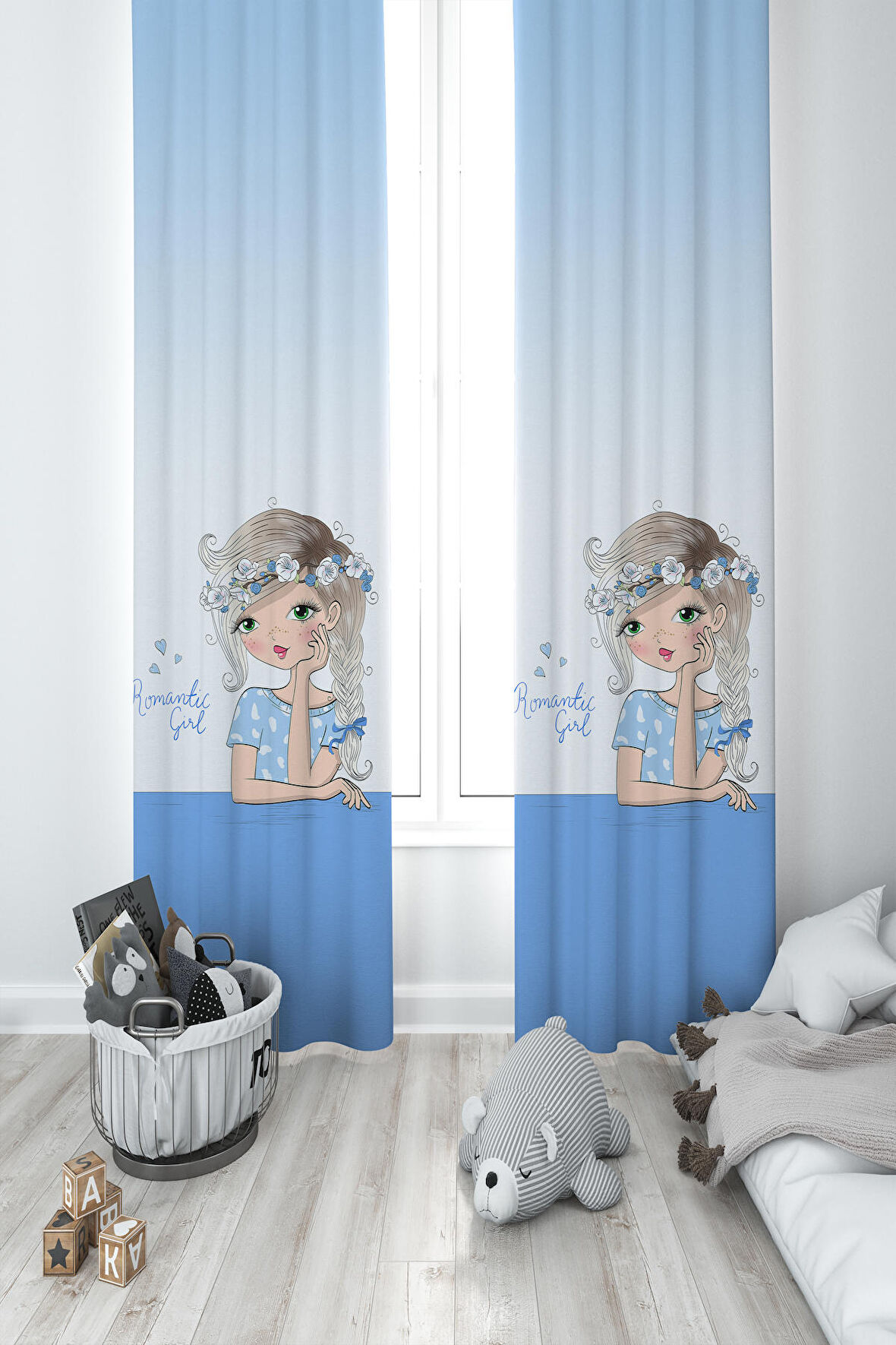 MEKTA HOME BEBEK VE ÇOCUK ODASI Romantic Girl Desenli Mavi 2 Kanat Fon Perde
