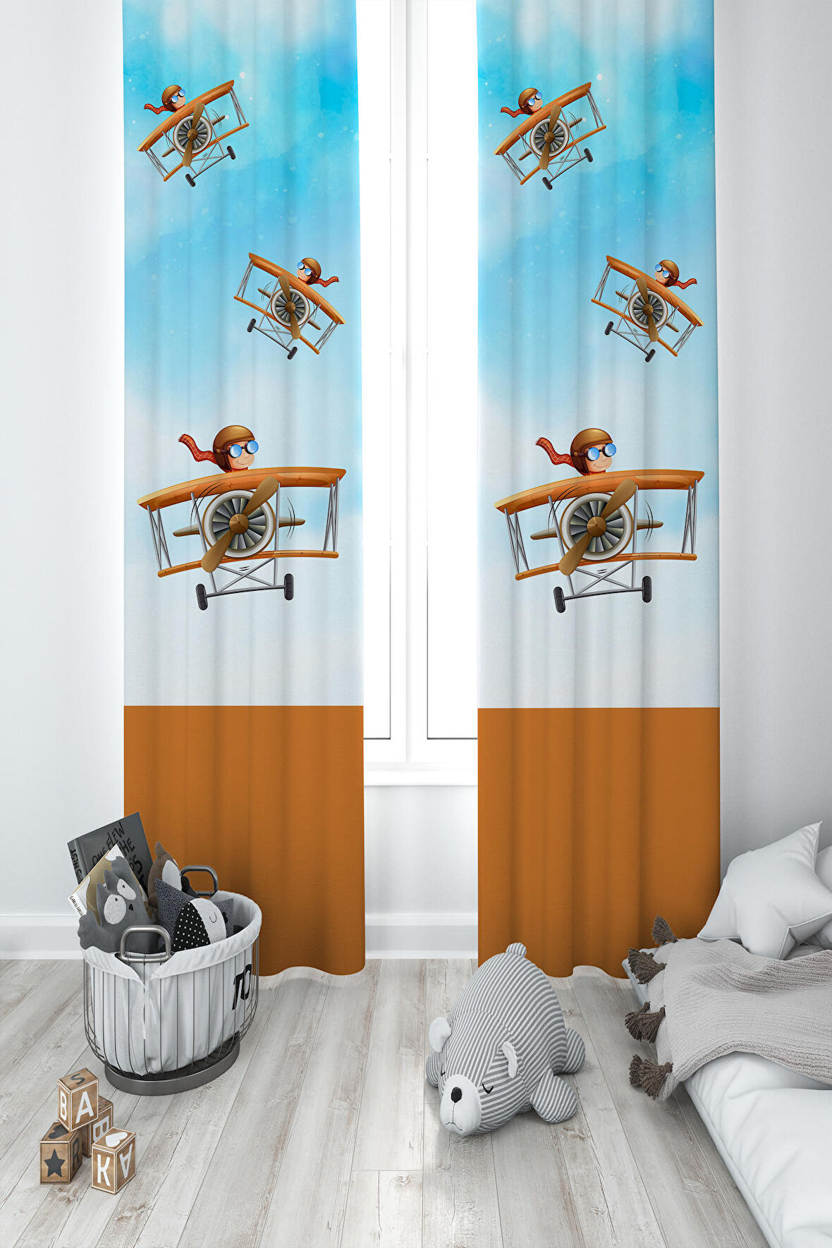 MEKTA HOME BEBEK VE ÇOCUK ODASI Uçak ve Küçük Pilot Desenli 2 Kanat Fon Perde
