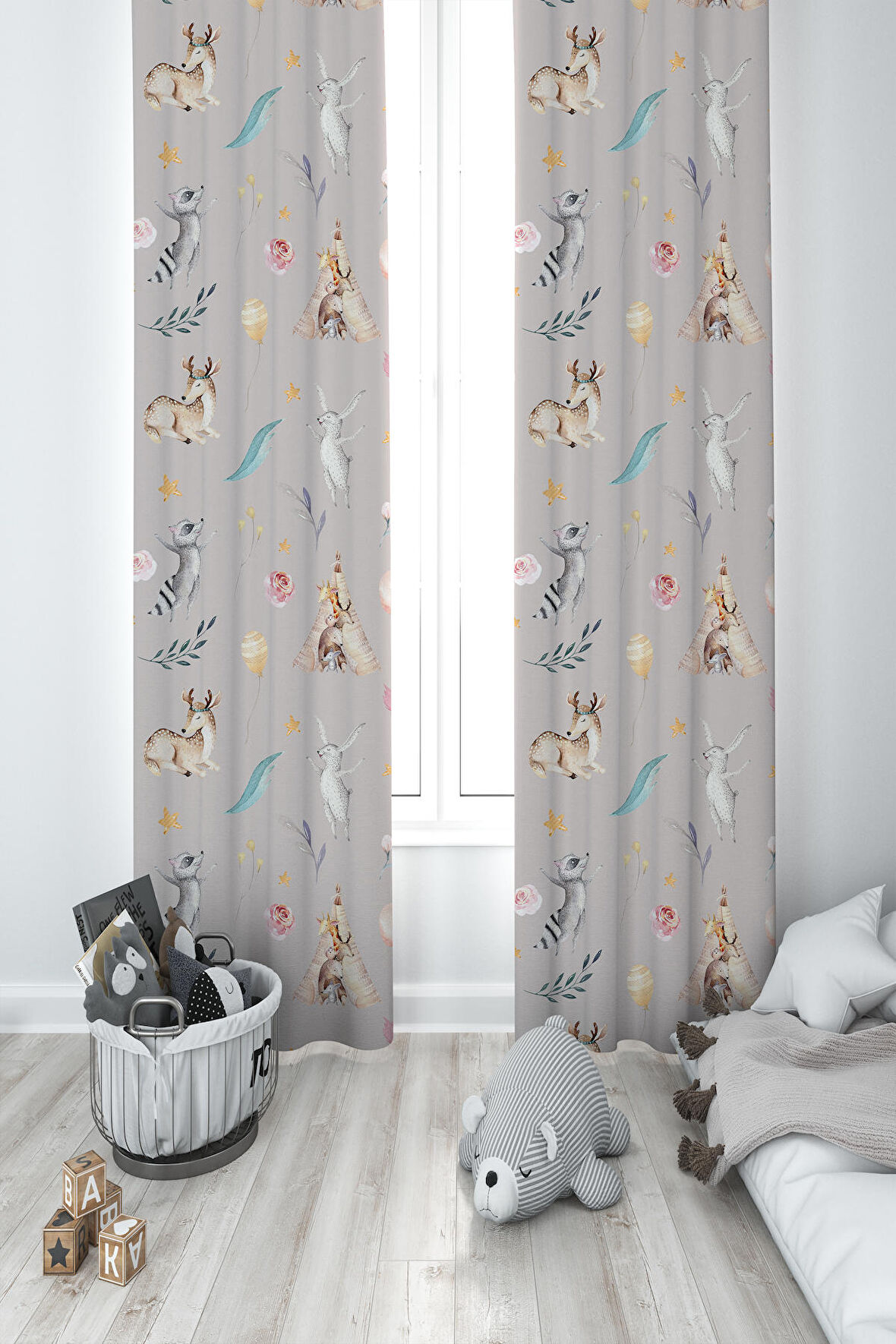 MEKTA HOME BEBEK VE ÇOCUK ODASI Geyik ve Tatlı Hayvanlar Desenli 2 Kanat Fon Perde