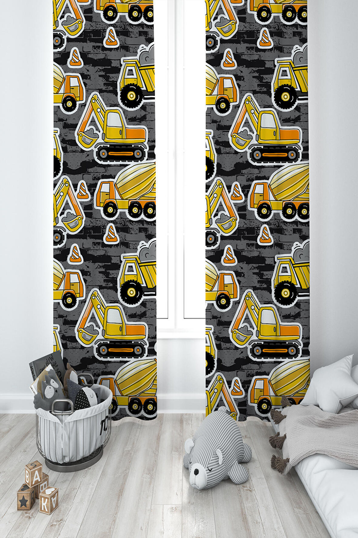 MEKTA HOME BEBEK VE ÇOCUK ODASI İş Makine Desenli 2 Kanat Fon Perde