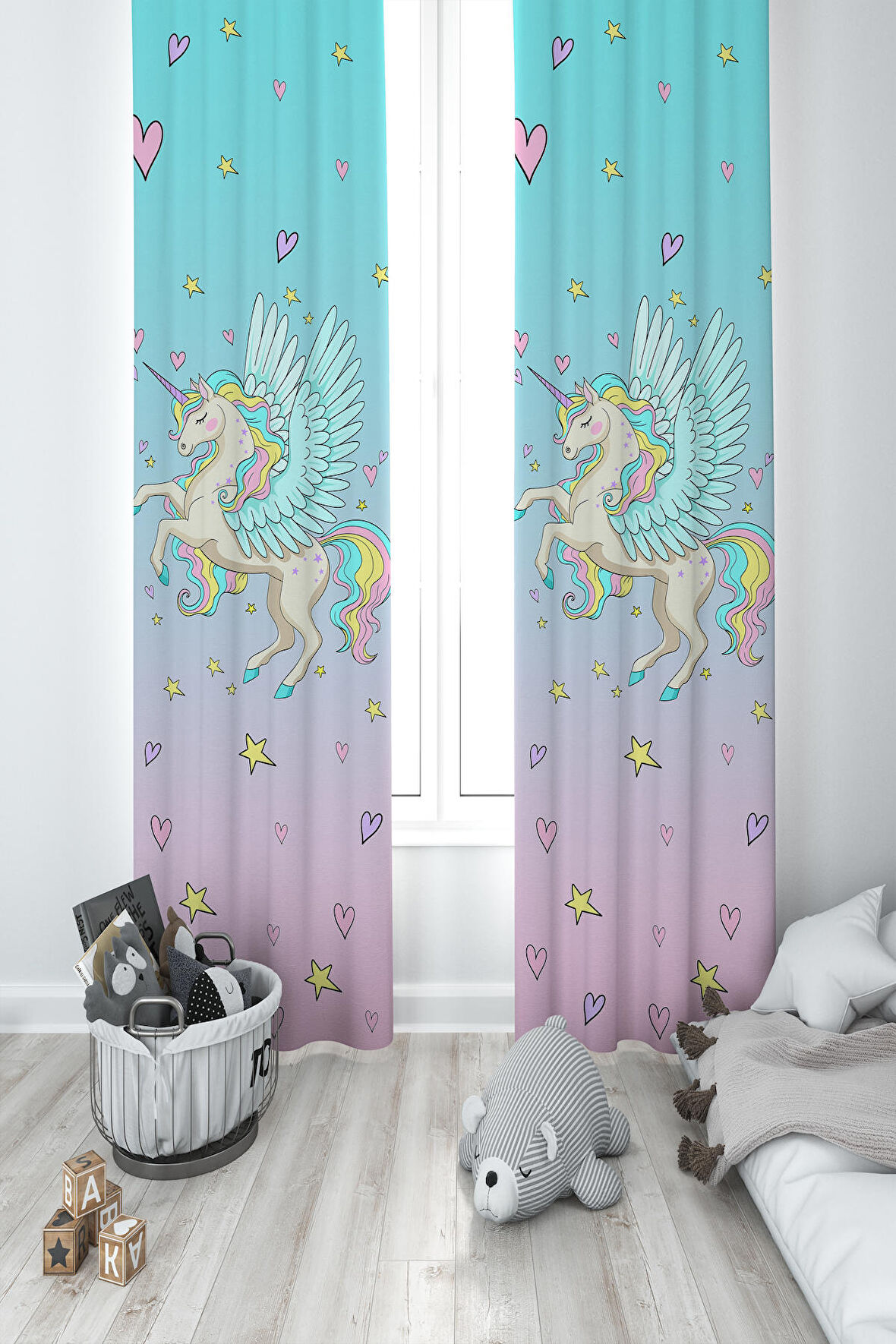MEKTA HOME BEBEK VE ÇOCUK ODASI Uçan Unicorn Desenli 2 Kanat Fon Perde