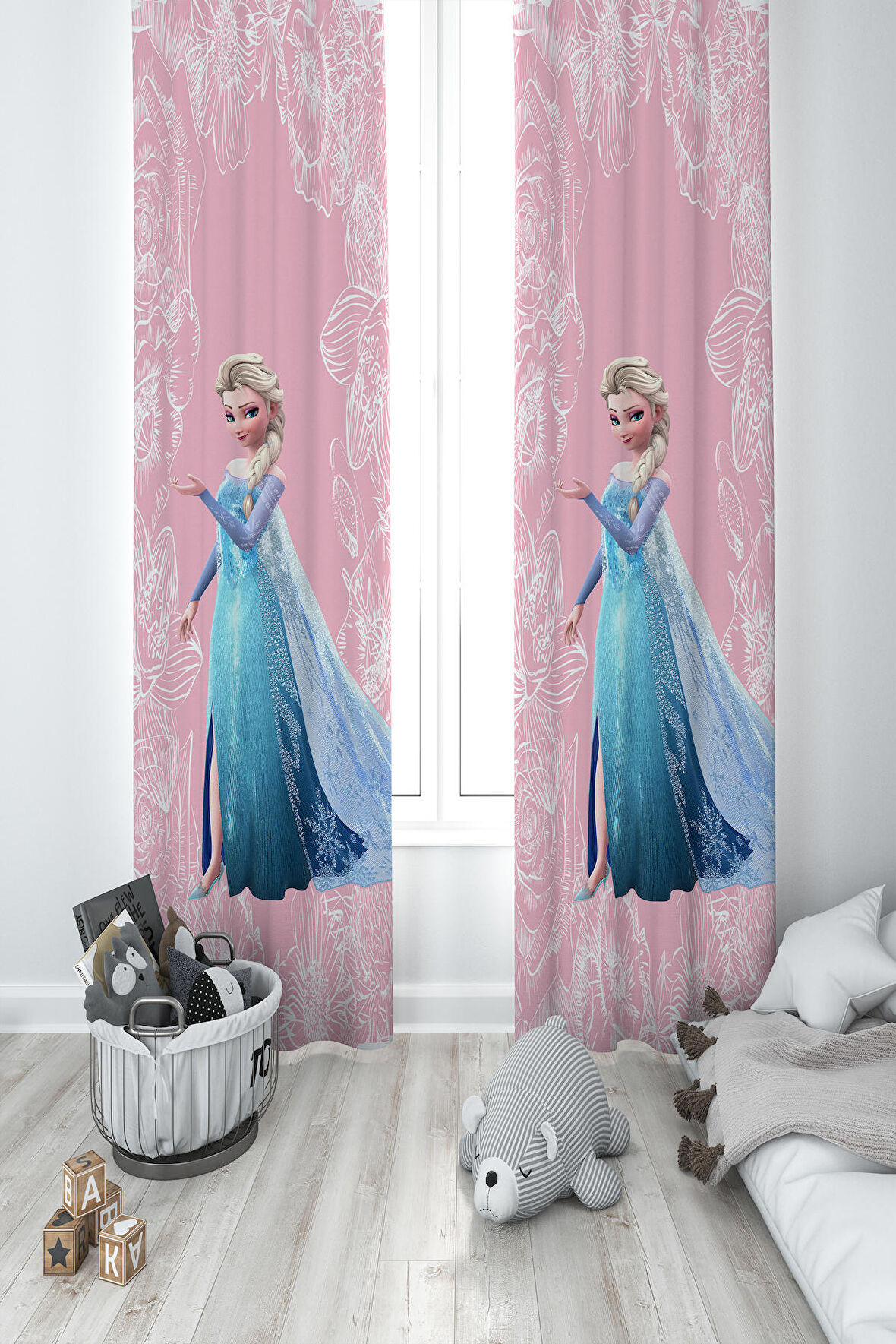 MEKTA HOME BEBEK VE ÇOCUK ODASI Motifli Elsa Desenli Pembe 2 Kanat Fon Perde