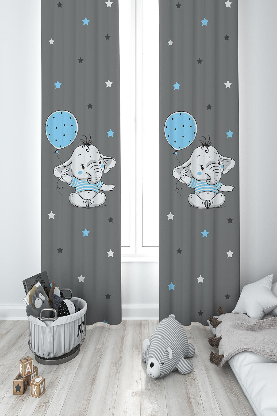 MEKTA HOME BEBEK VE ÇOCUK ODASI Açık Mavi Filli Balonlu 2 Kanat Fon Perde