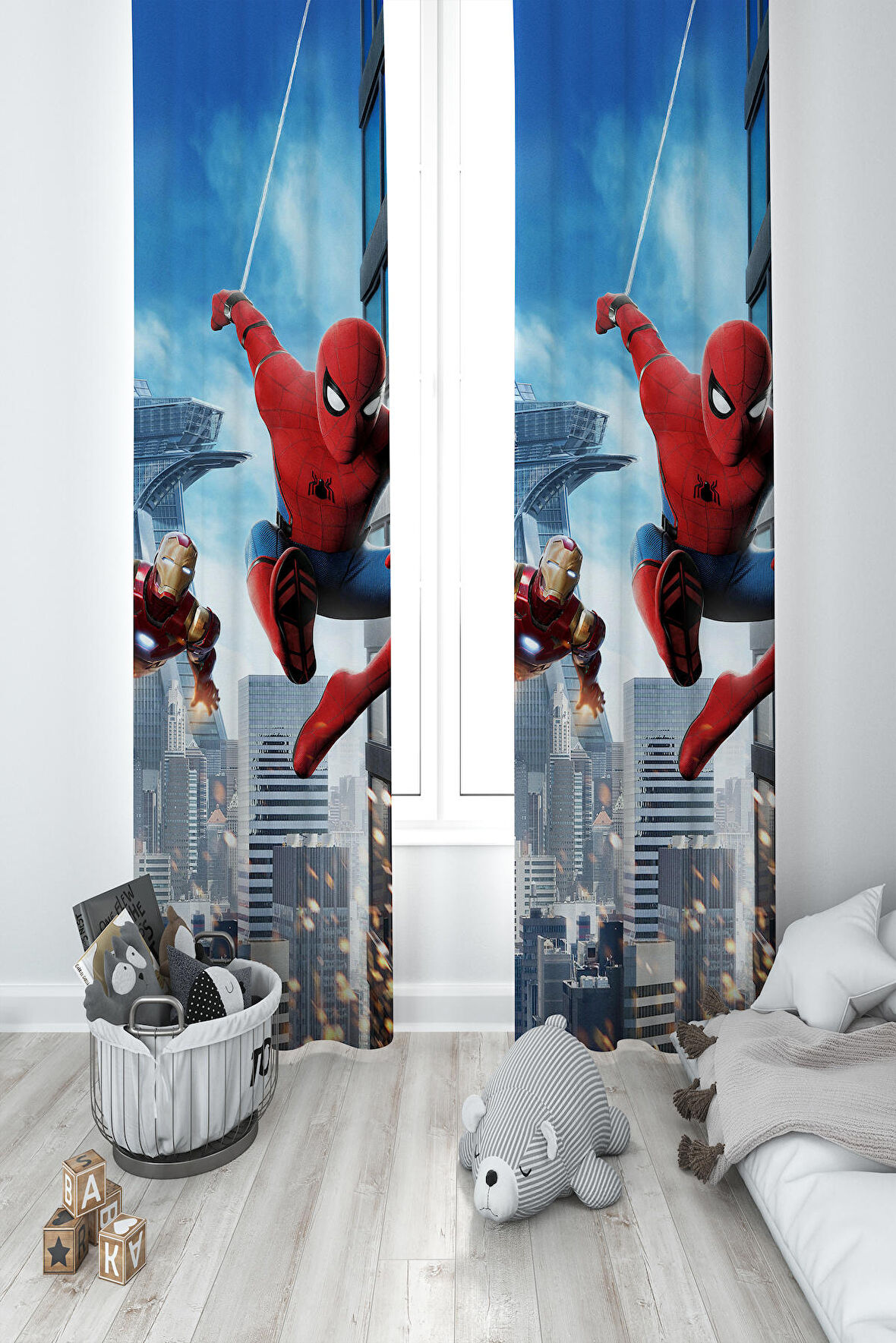 MEKTA HOME BEBEK VE ÇOCUK ODASI Iron Man ve Spider Man Desenli 2 Kanat Fon Perde