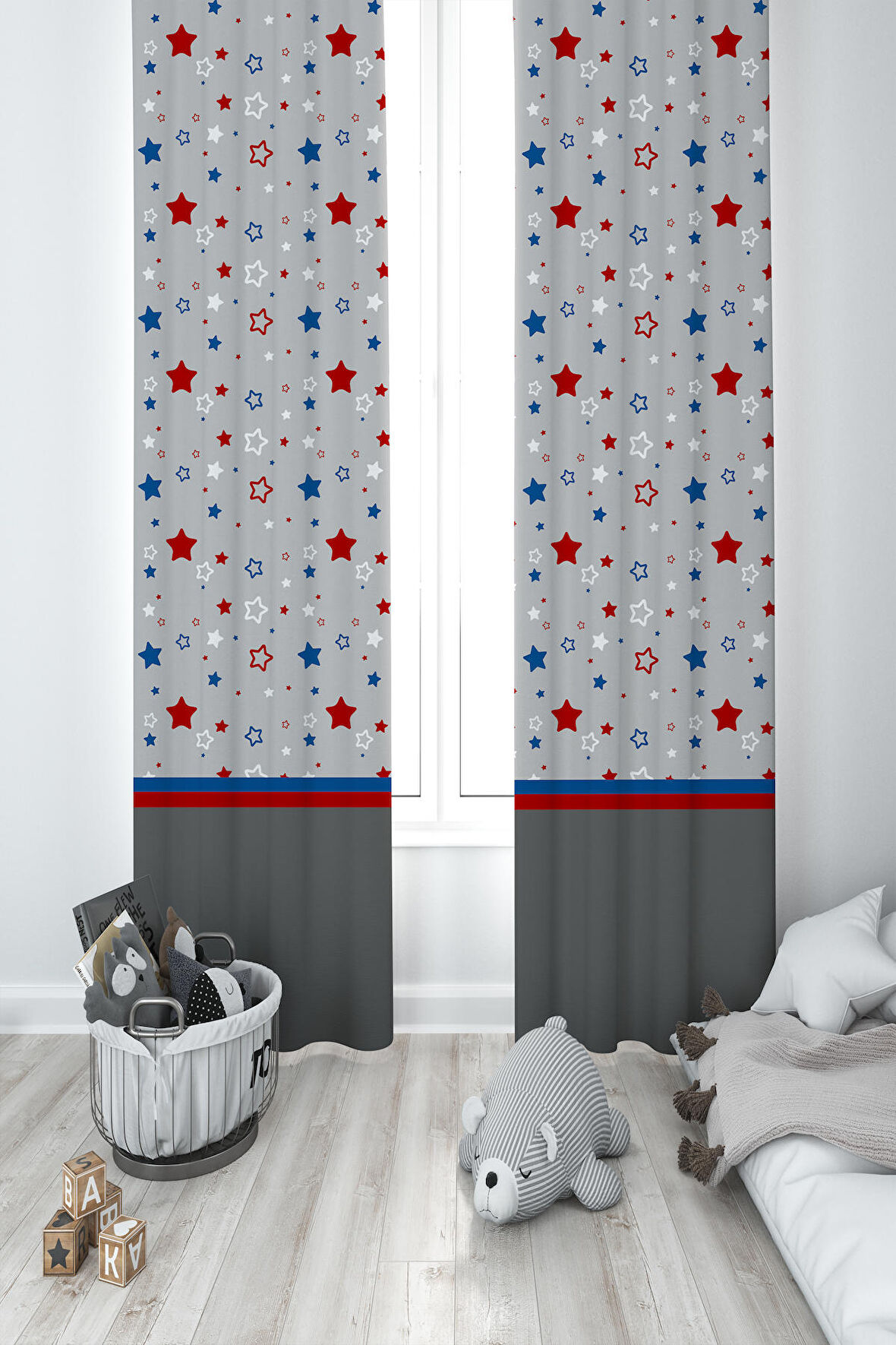 MEKTA HOME BEBEK VE ÇOCUK ODASI Beyaz Bulut ve Yıldızlı Çerçeveli 2 Kanat Fon Perde