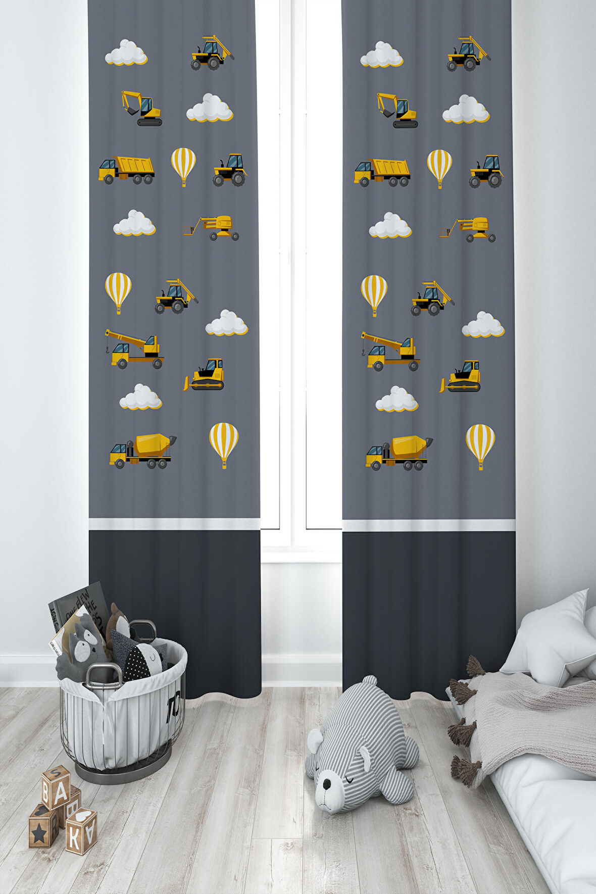 Mekta Home Bebek Ve Çocuk Odası İş Makinesi Ve Seksek Desenli Gri 2 Kanat Fon Perde