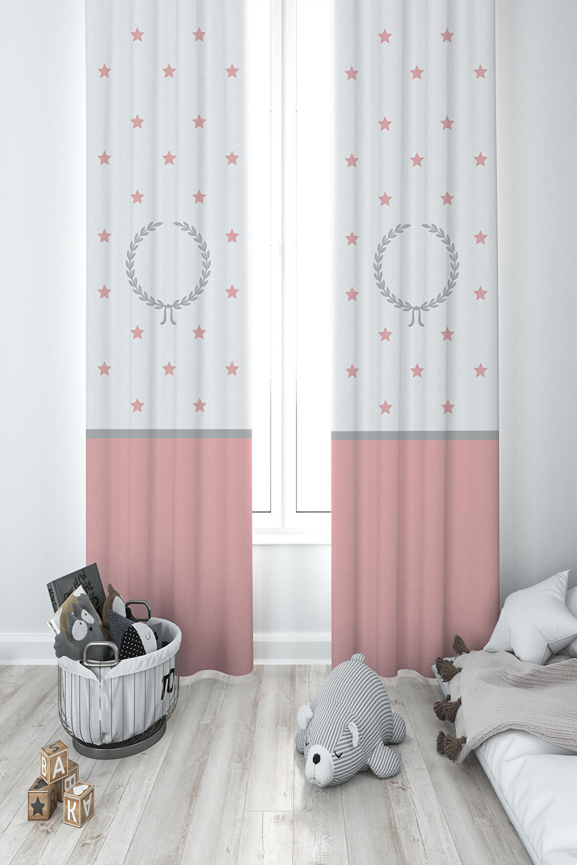 MEKTA HOME BEBEK VE ÇOCUK ODASI Çelenk ve Yıldız Desenli Pembe Gri Çerçeveli 2 Kanat Fon Perde