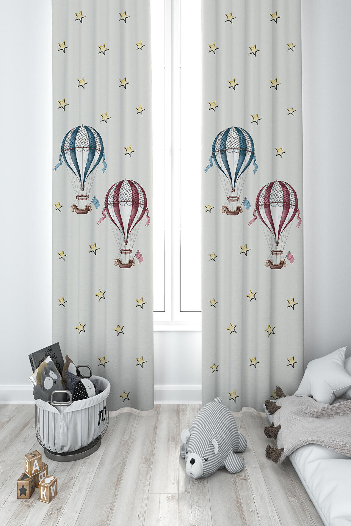 MEKTA HOME BEBEK VE ÇOCUK ODASI Uçan Balon ve Yıldızlar Desenli 2 Kanat Fon Perde