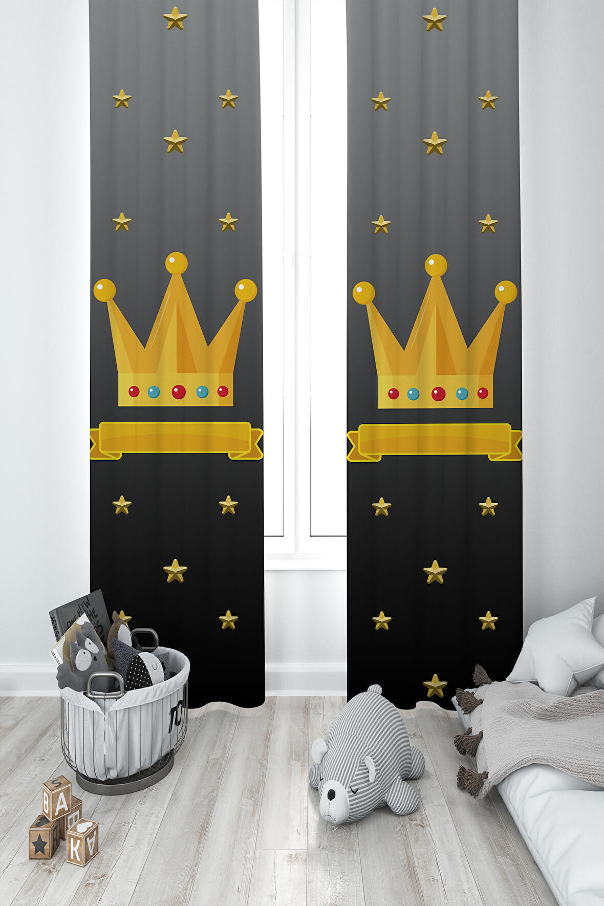 MEKTA HOME BEBEK VE ÇOCUK ODASI Kral Taç Desenli 2 Kanat Fon Perde