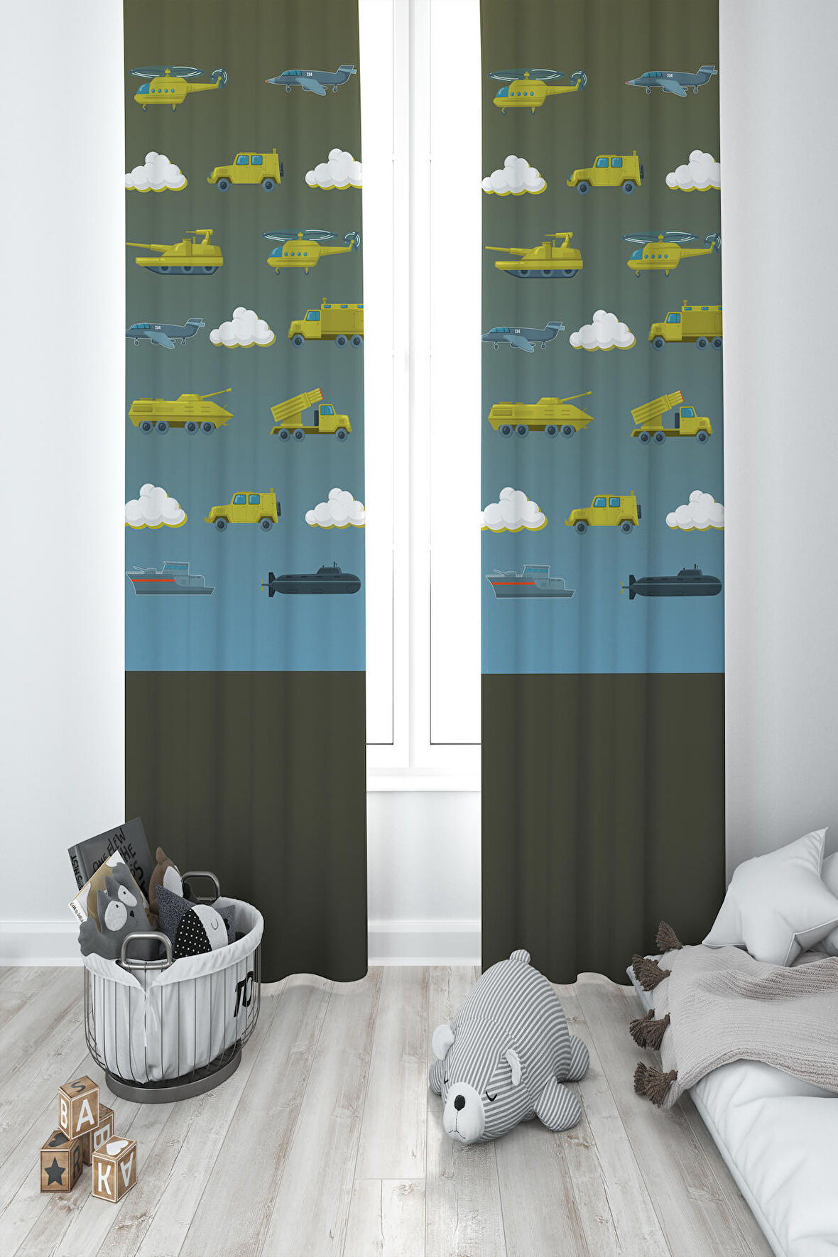 MEKTA HOME BEBEK VE ÇOCUK ODASI Askeri Araç ve Seksek Desenli 2 Kanat Fon Perde