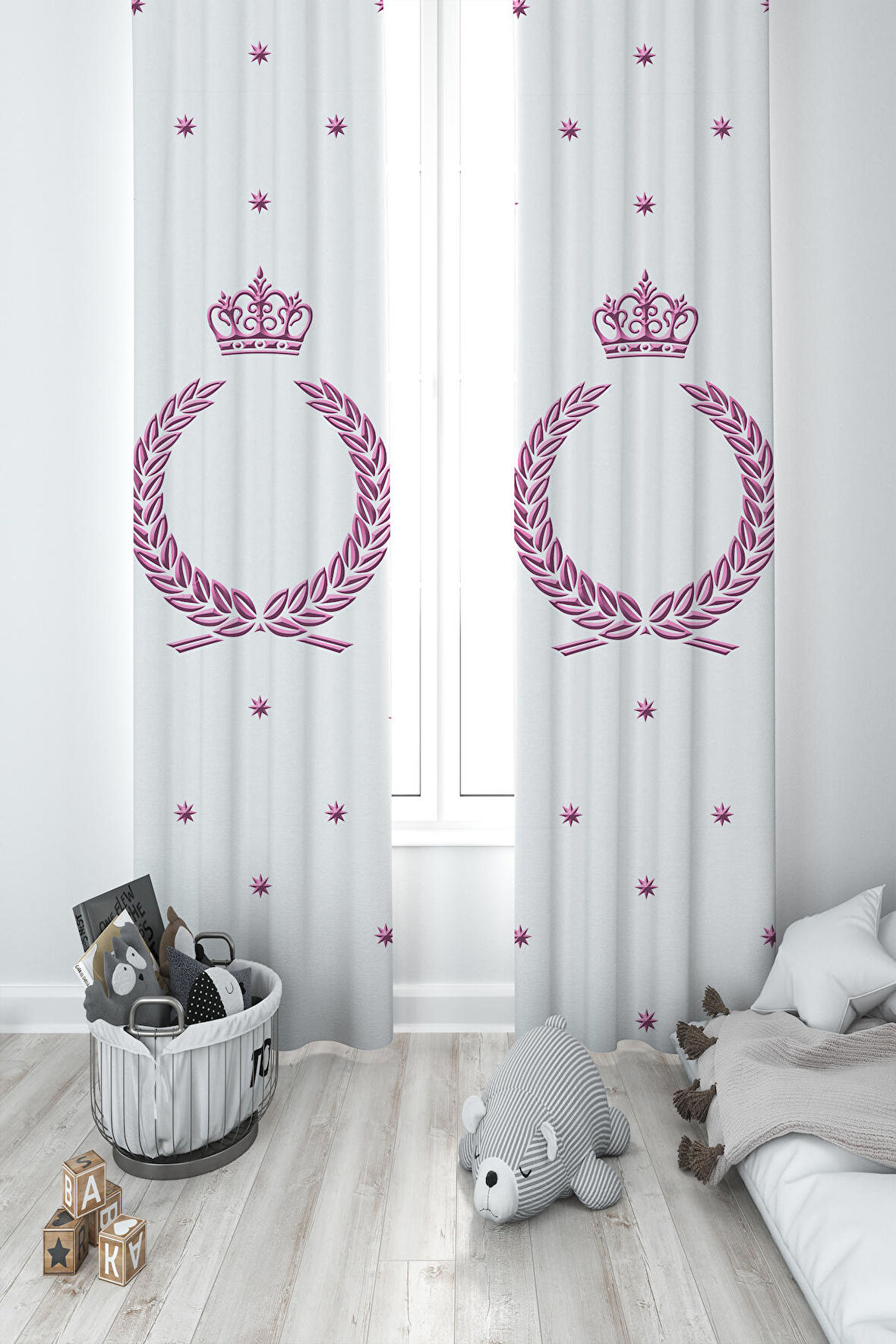 MEKTA HOME BEBEK VE ÇOCUK ODASI Taç Çelenk ve Yıldız Desenli 2 Kanat Fon Perde