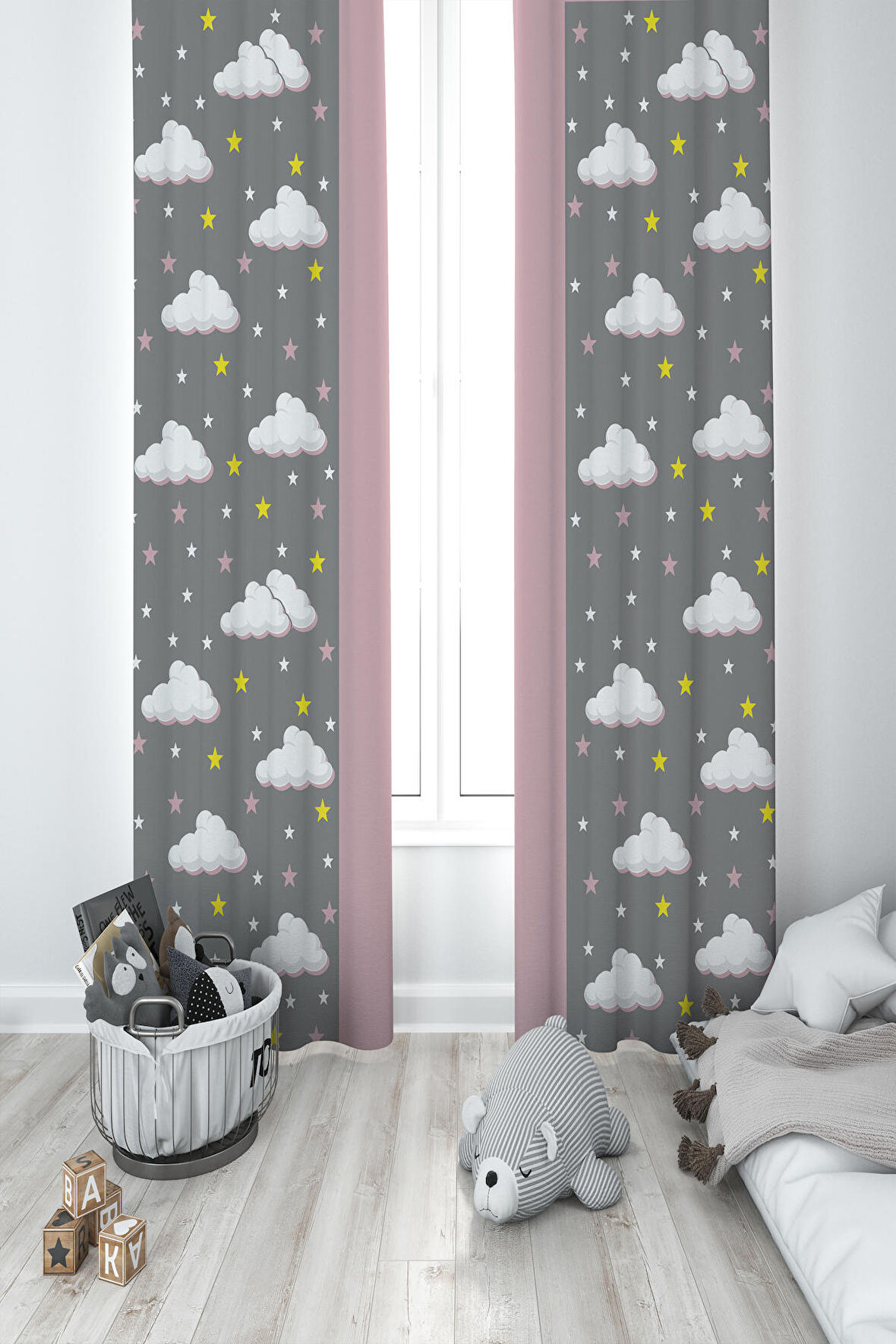 MEKTA HOME BEBEK VE ÇOCUK ODASI Bulut ve Yıldız Desenli Çerçeveli 2 Kanat Fon Perde