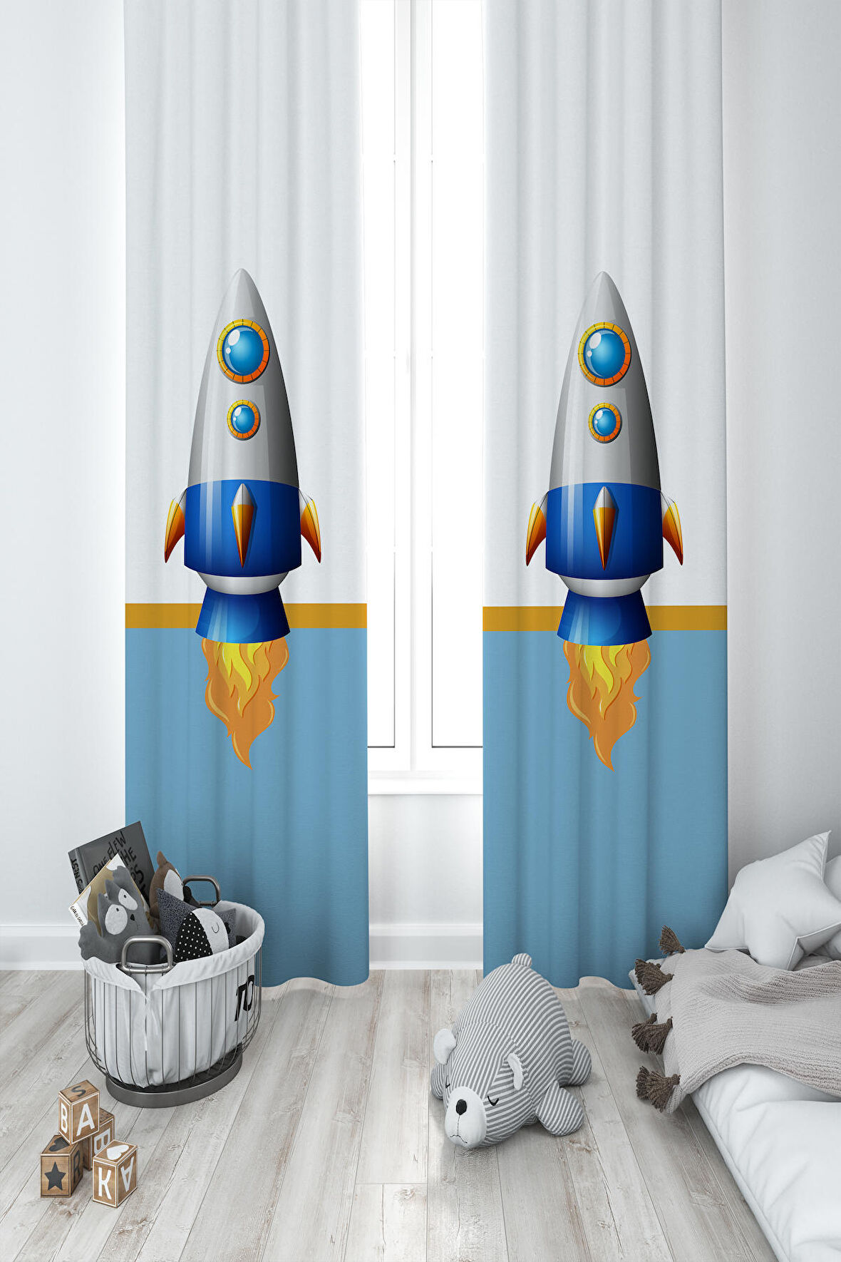 MEKTA HOME BEBEK VE ÇOCUK ODASI Gezegen ve Space X Desenli 2 Kanat Fon Perde