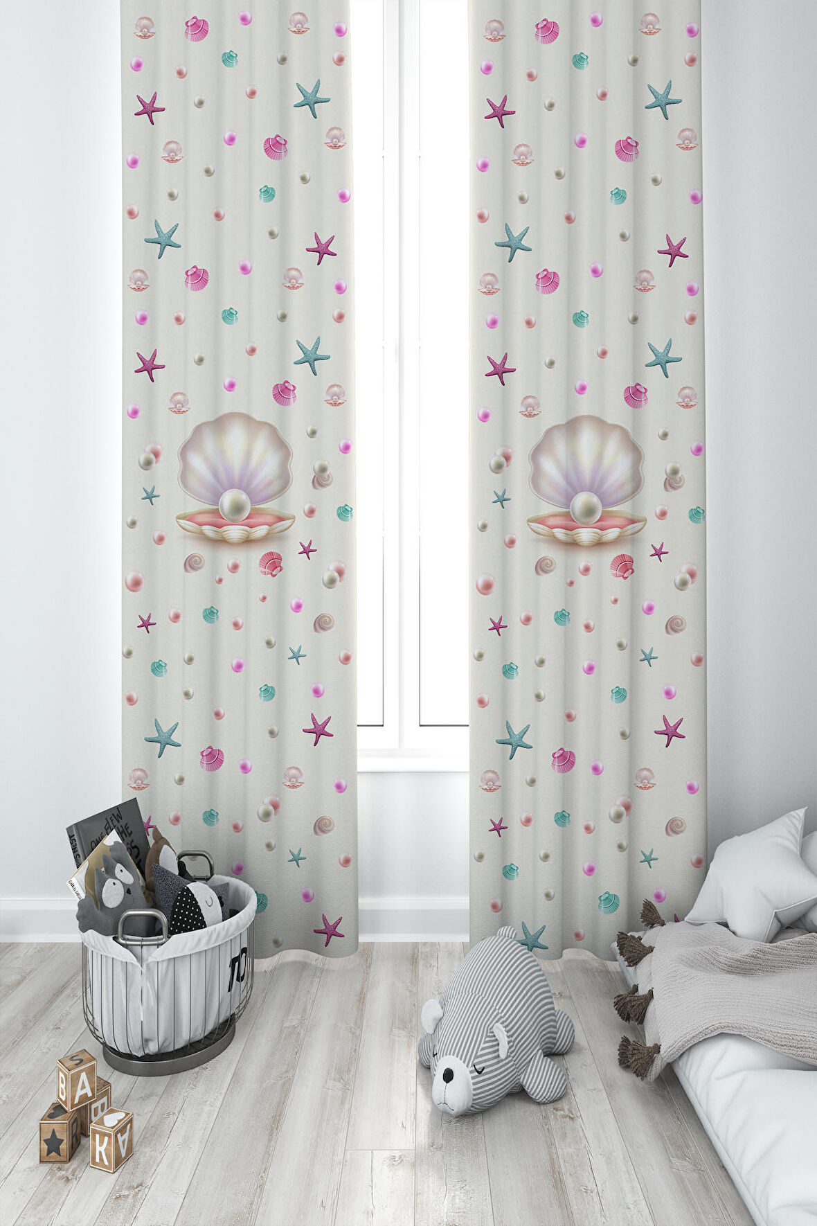 MEKTA HOME BEBEK VE ÇOCUK ODASI Deniz Yıldızlı Seksek Desenli 2 Kanat Fon Perde
