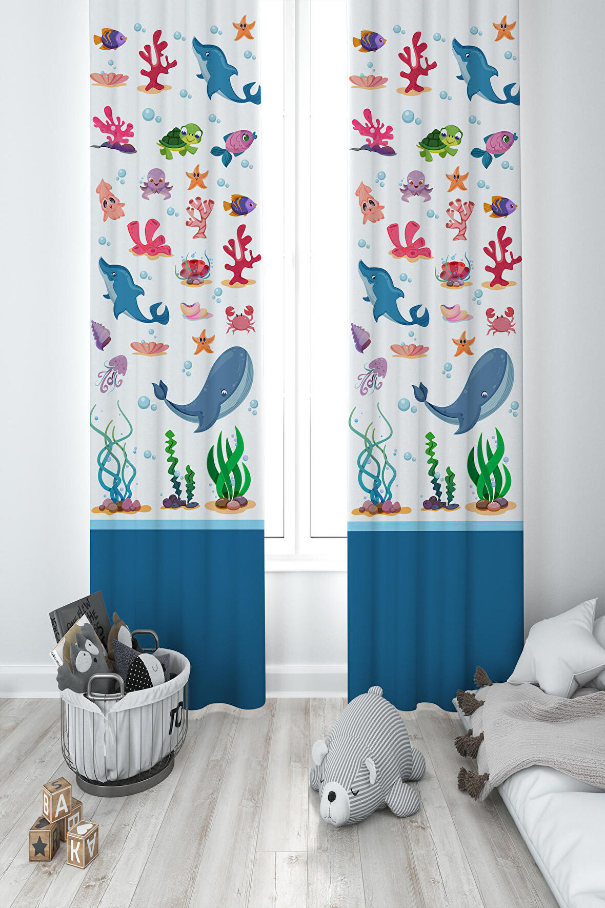 MEKTA HOME BEBEK VE ÇOCUK ODASI Sevimli Deniz Hayvanları Desenli 2 Kanat Fon Perde 