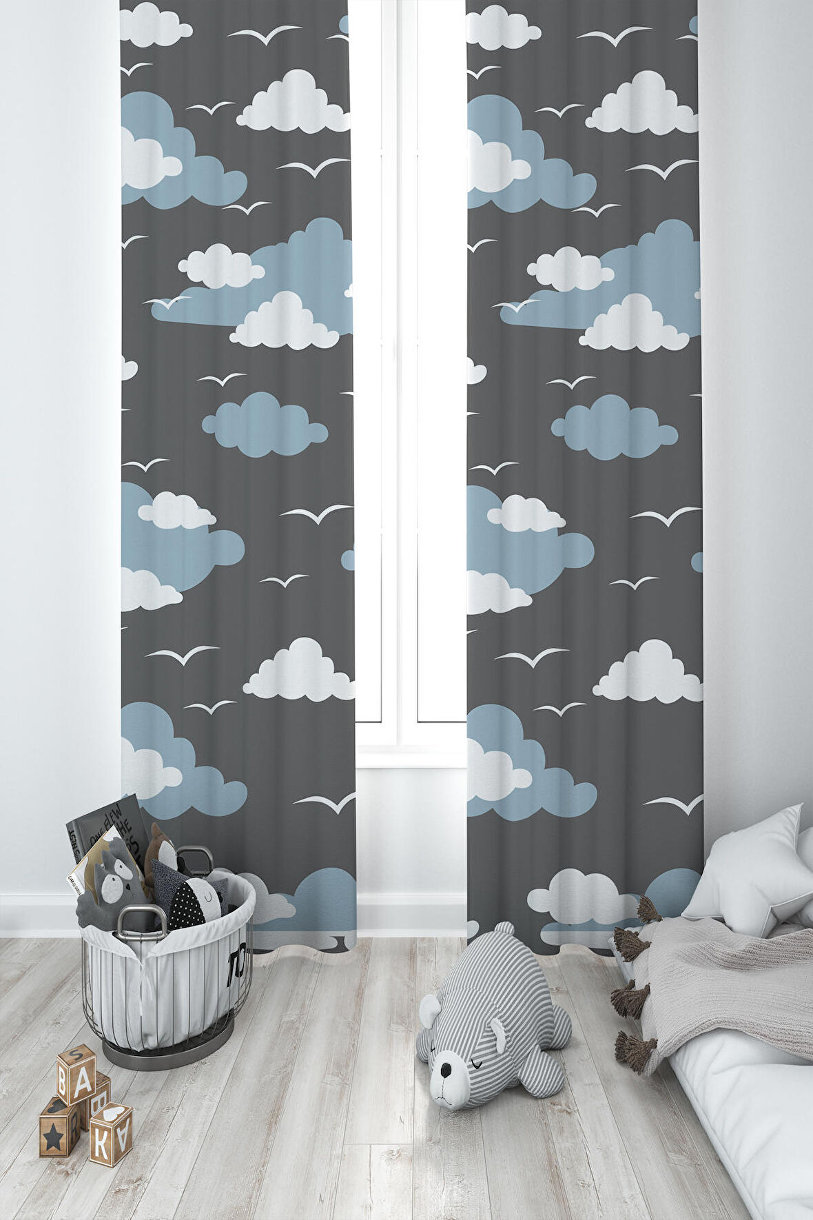MEKTA HOME BEBEK VE ÇOCUK ODASI Bulut ve Martı Desenli 2 Kanat Fon Perde