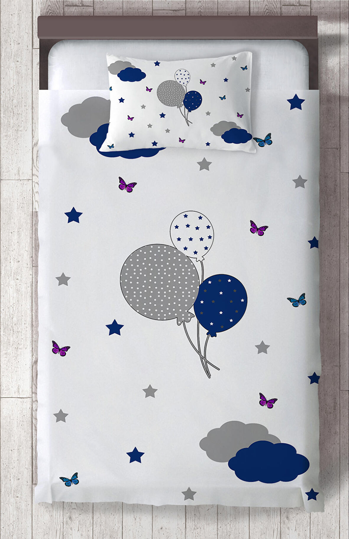 MEKTA HOME BEBEK VE ÇOCUK ODASI Kelebekli Balon Desenli Yatak Örtüsü