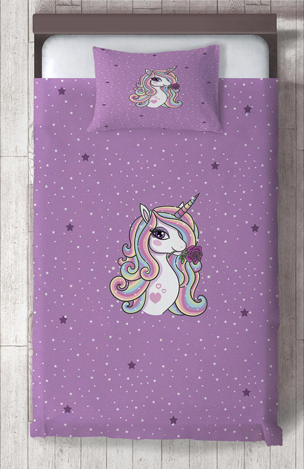 MEKTA HOME BEBEK VE ÇOCUK ODASI Mor Unicorn Desenli Yatak Örtüsü