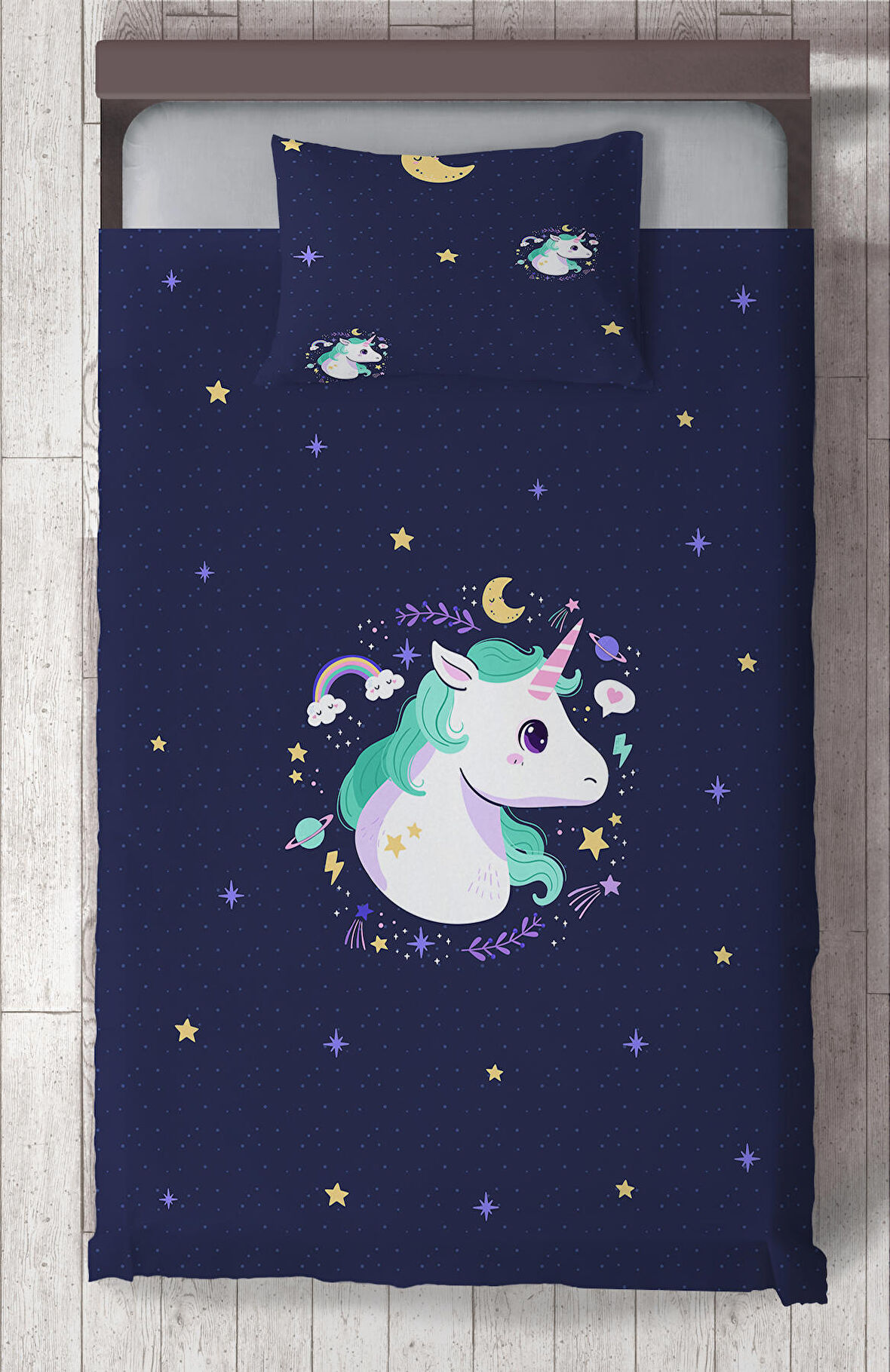 MEKTA HOME BEBEK VE ÇOCUK ODASI Lacivert Unicorn Desenli Yatak Örtüsü