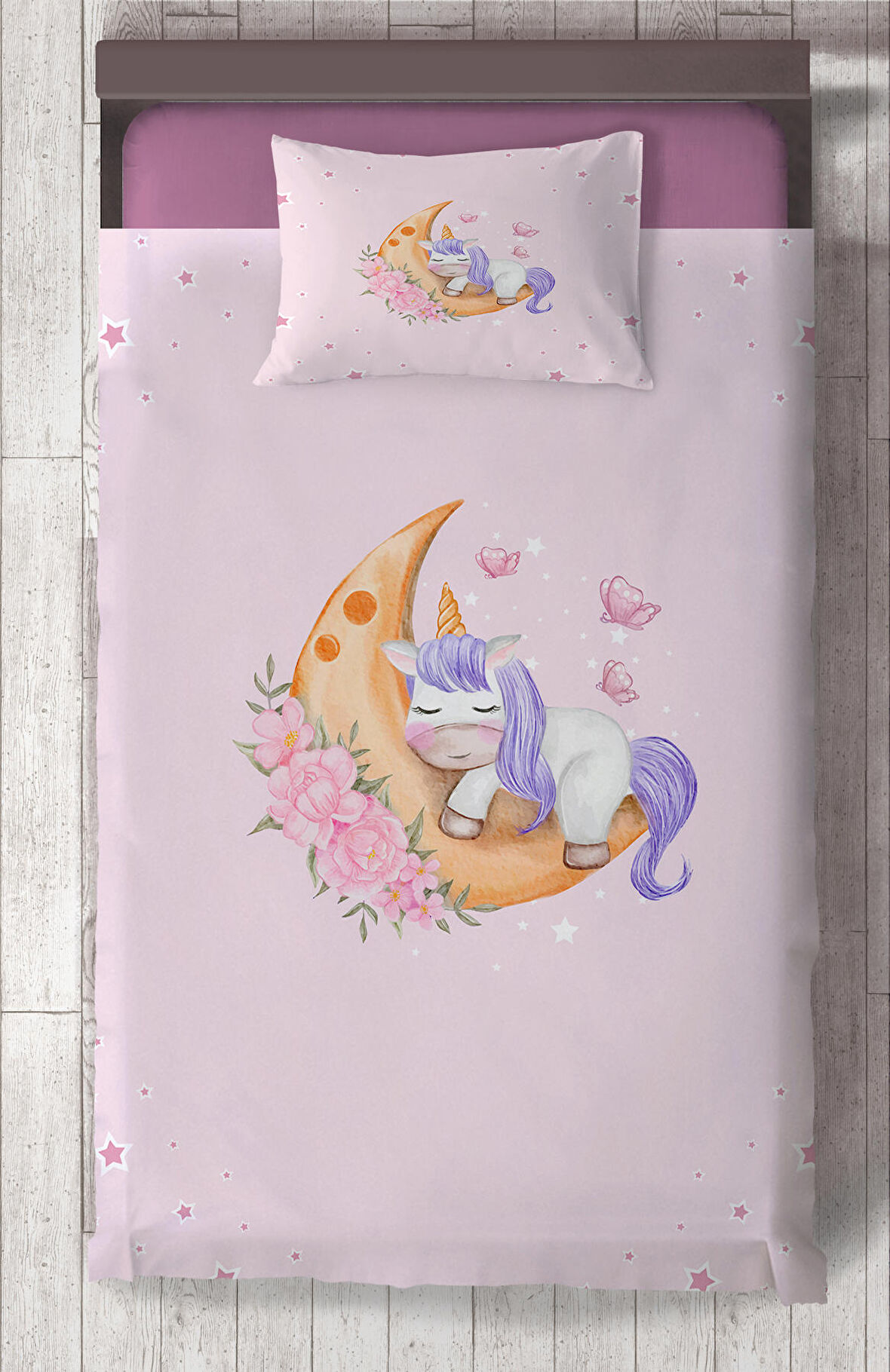 MEKTA HOME BEBEK VE ÇOCUK ODASI Aya Sarılan Unicorn Desenli Pembe Yatak Örtüsü